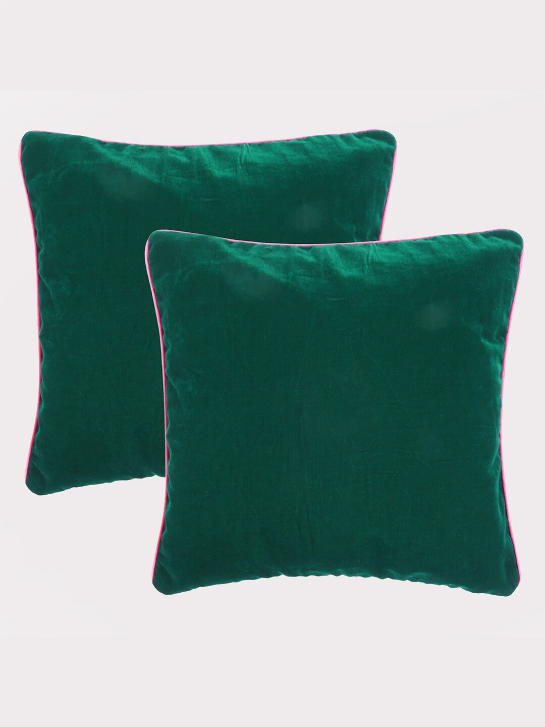 

OUSSUM Green & Pink 2 Pcs Velvet Square Cushion Covers with Piping Edge