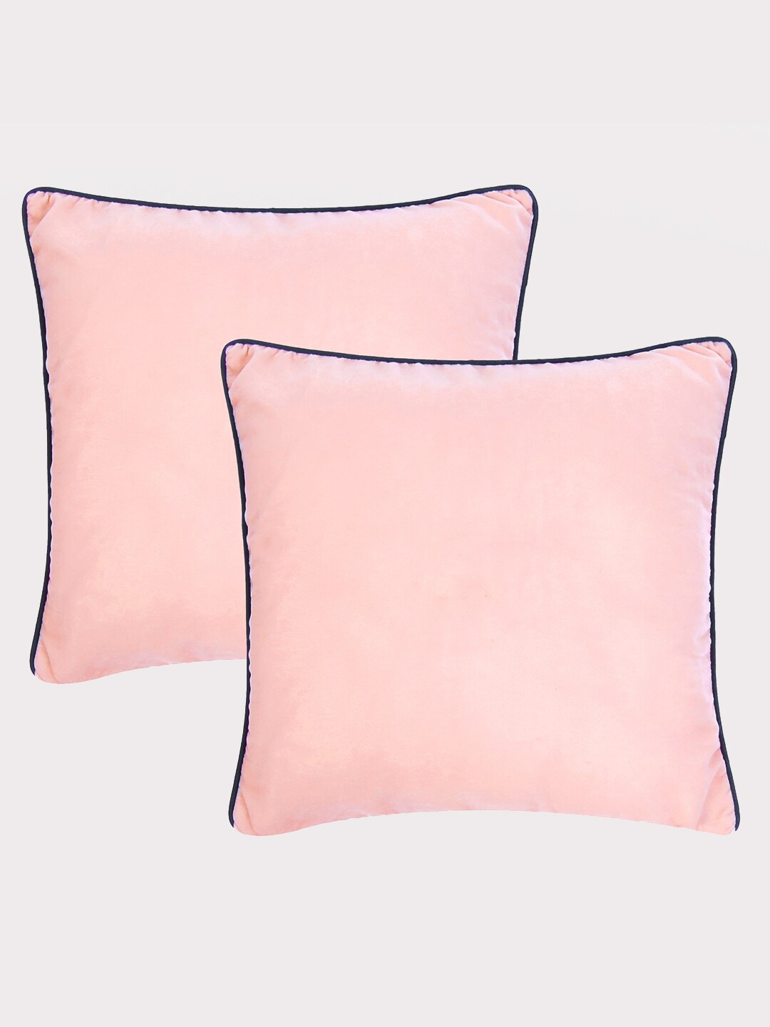 

OUSSUM Peach-Coloured & Blue 2 Pcs Velvet Piping Edge Square Cushion Covers