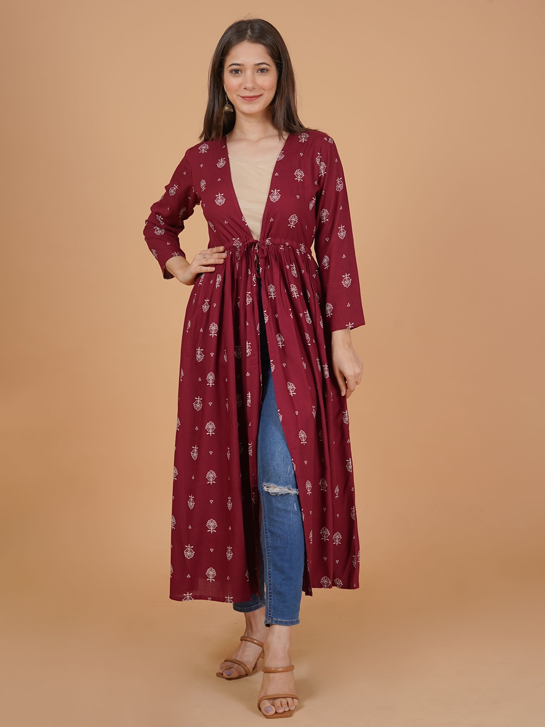 

DAEVISH Ethnic Motif Printed Longline Tie-Up Shrug, Maroon