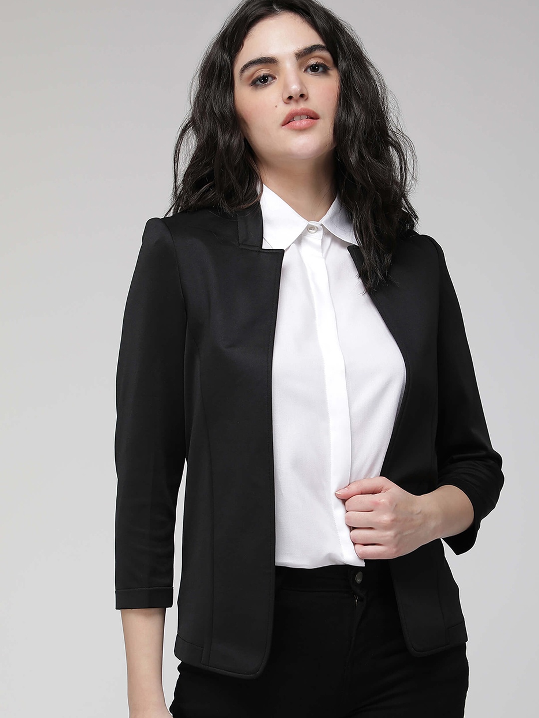 

IDK Women Three-Quarter Sleeves Formal Open Front Jacket, Black