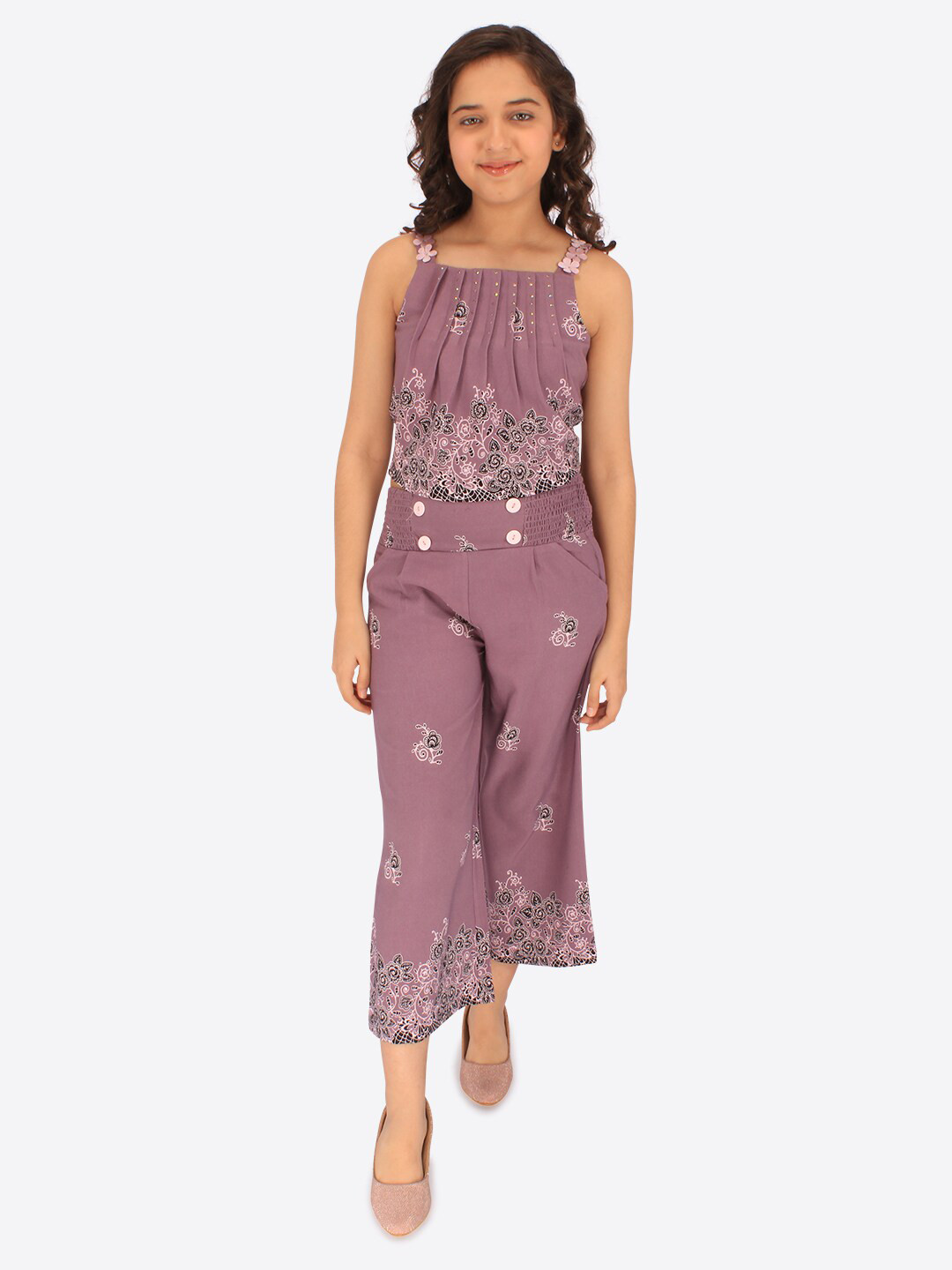 

CUTECUMBER Girls Printed Crop Top with Culottes Trousers, Mauve