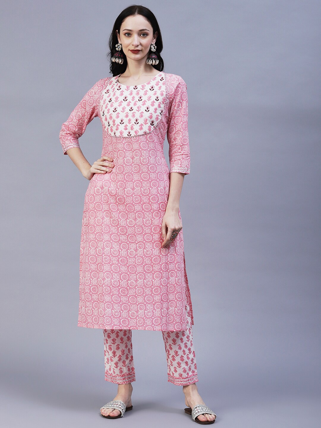 

FASHOR Ethnic Motifs Printed Pure Cotton Kurta with Trousers, Pink