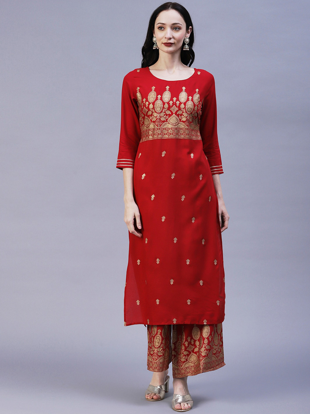 

FASHOR Ethnic Motifs Printed Empire Kurta with Palazzos, Red