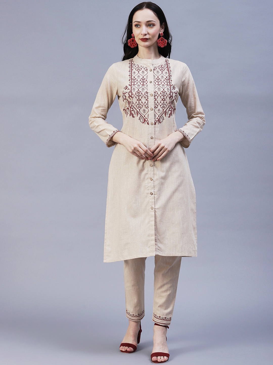 

FASHOR Floral Embroidered Band Collar Pure Cotton Kurta with Trousers, Beige