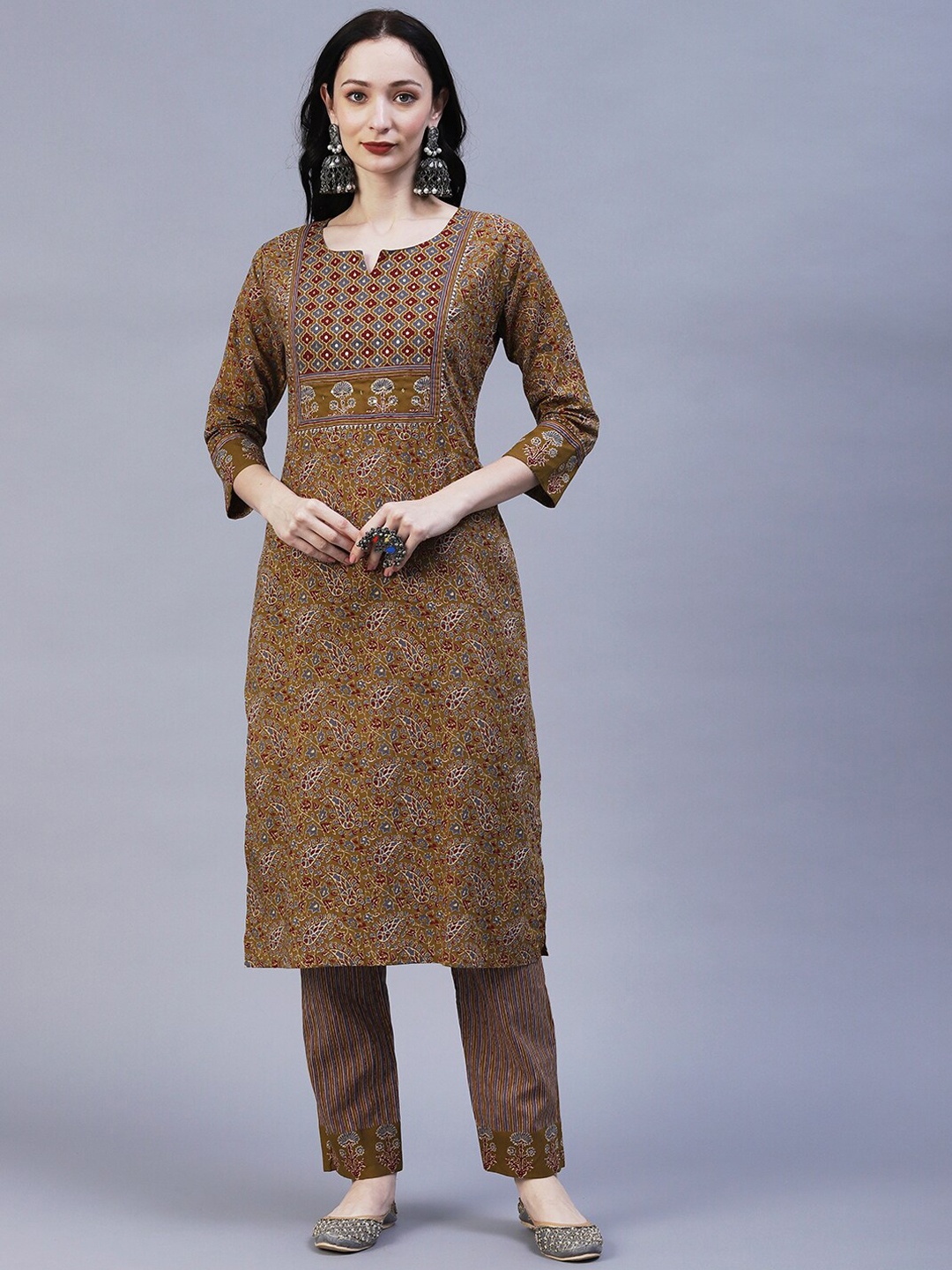 

FASHOR Paisley Printed Sequinned Pure Cotton Kurta with Trousers, Taupe