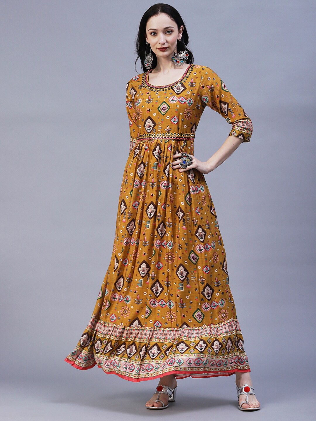 

FASHOR Mustard Yellow Ethnic Motifs Maxi Ethnic Dress