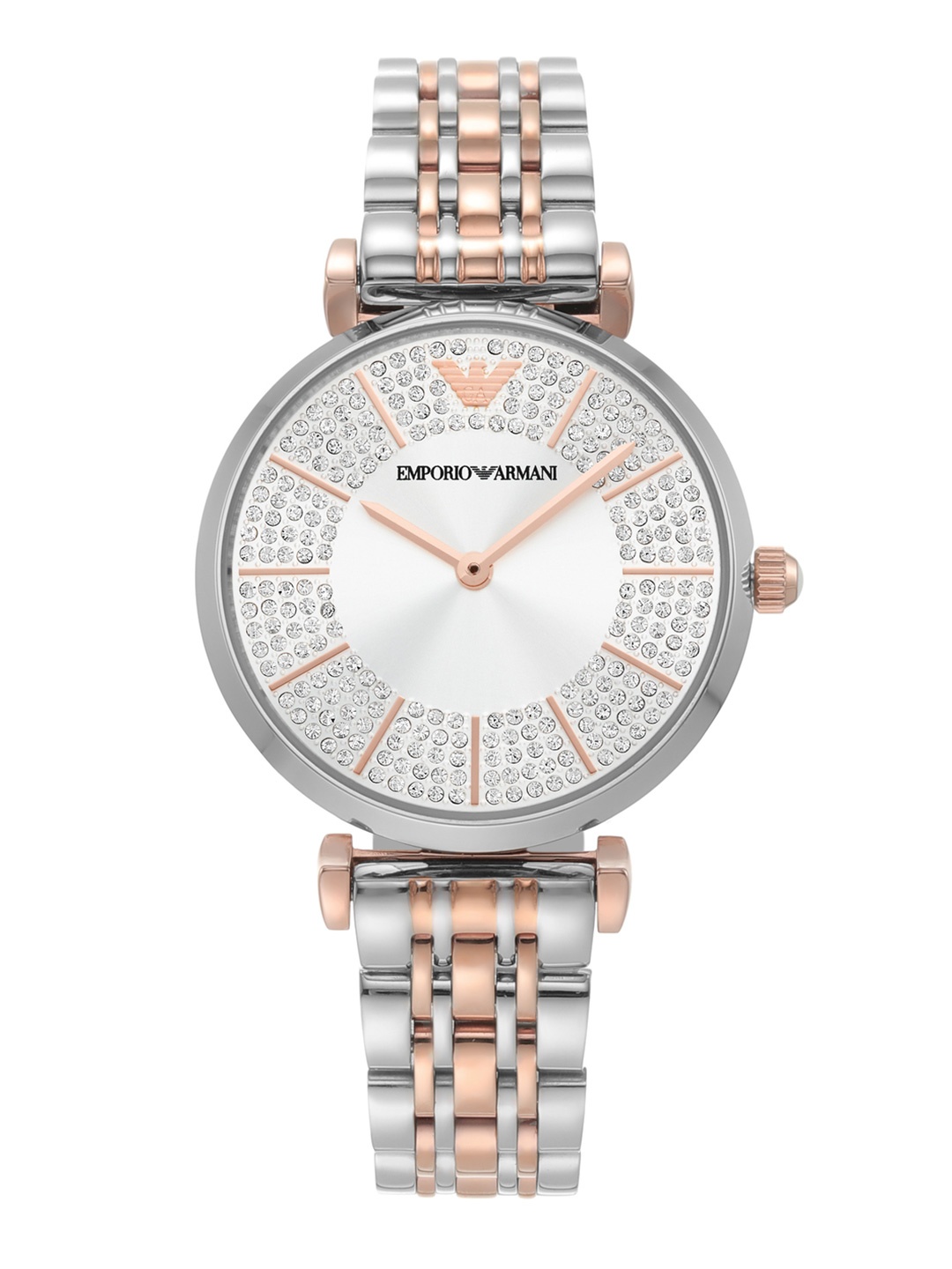 

Emporio Armani Women Embellished Dial & Stainless Steel Bracelet Style Watch AR11537, Silver