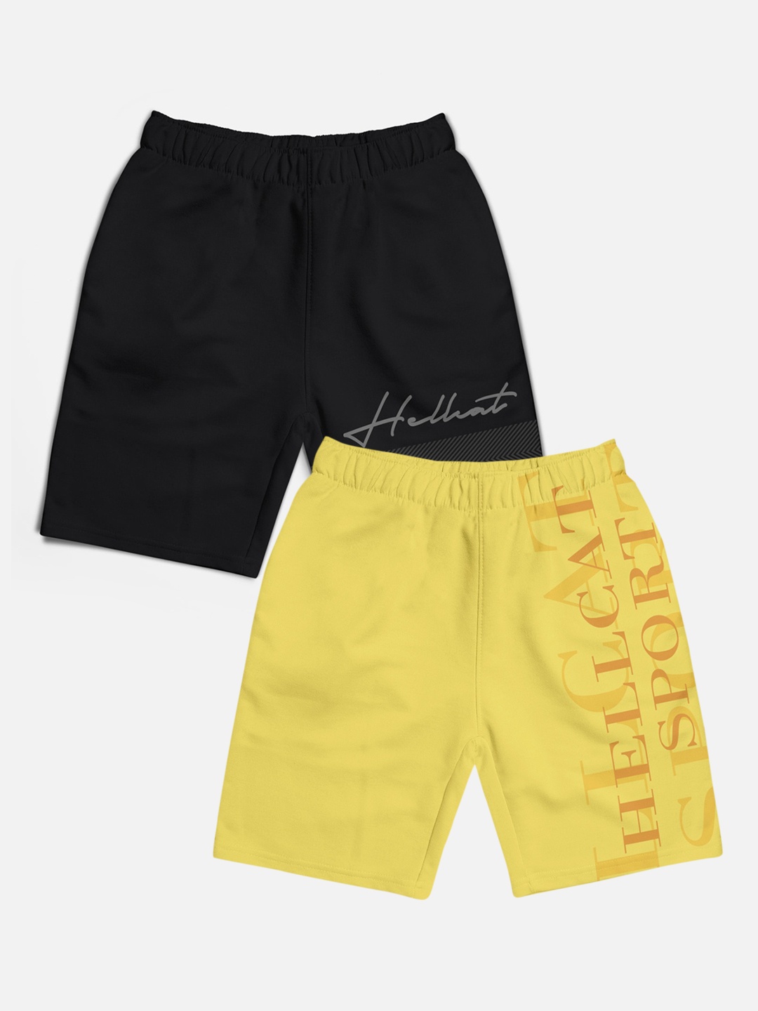 

HELLCAT Boys Pack of 2 Typographic Printed Cotton Sports Shorts, Yellow
