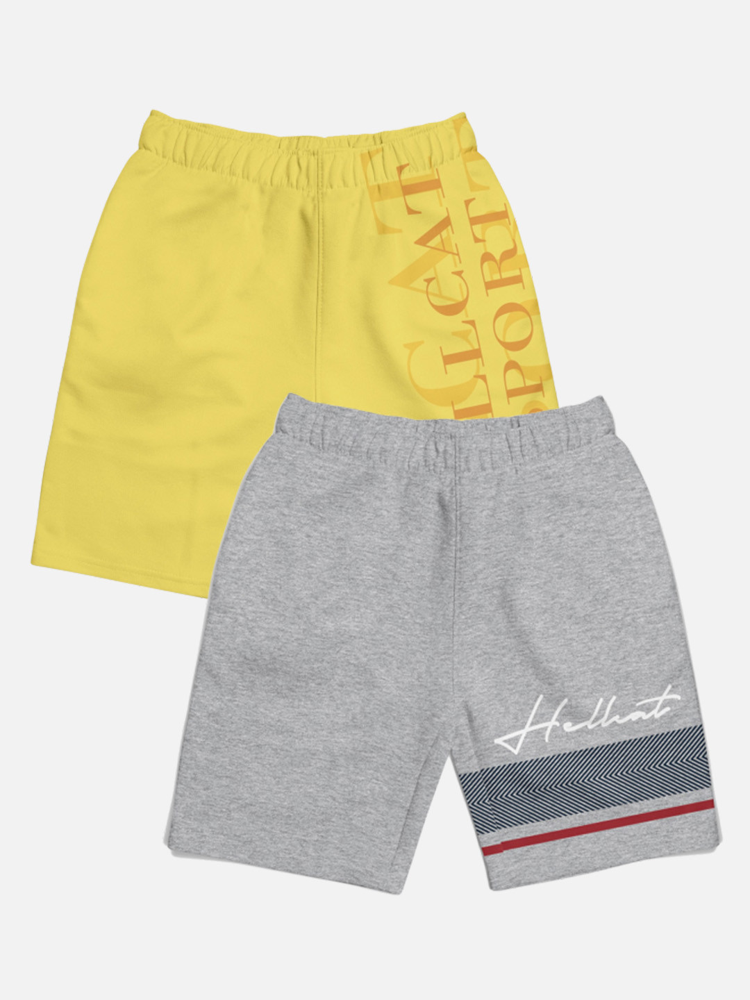

HELLCAT Boys Pack Of 2 Typographic Printed Cotton Sports Shorts, Grey melange