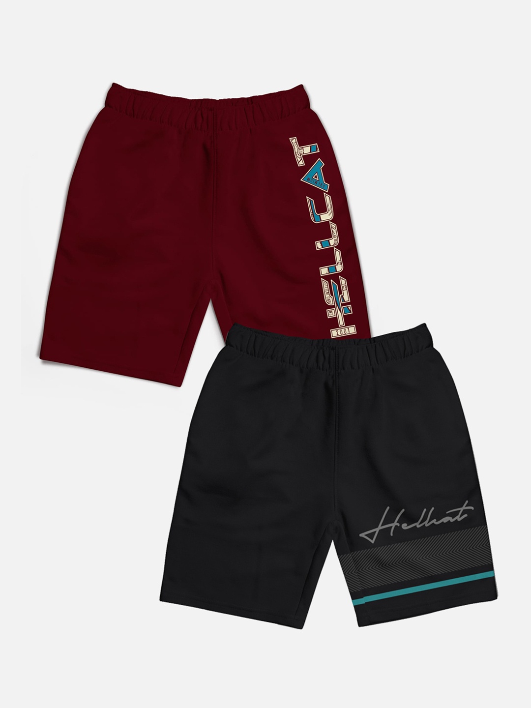 

HELLCAT Boys Pack of 2 Typographic Printed Cotton Sports Shorts, Burgundy