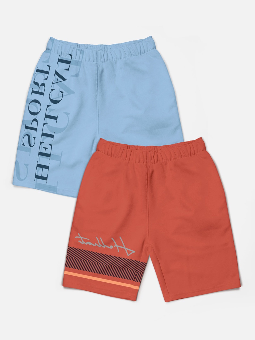 

HELLCAT Boys Pack Of 2 Typographic Printed Cotton Sports Shorts, Blue