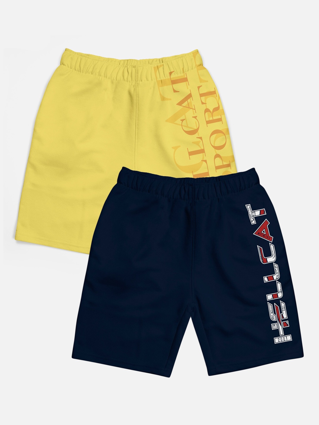 

HELLCAT Boys Pack Of 2 Typographic Printed Cotton Sports Shorts, Yellow