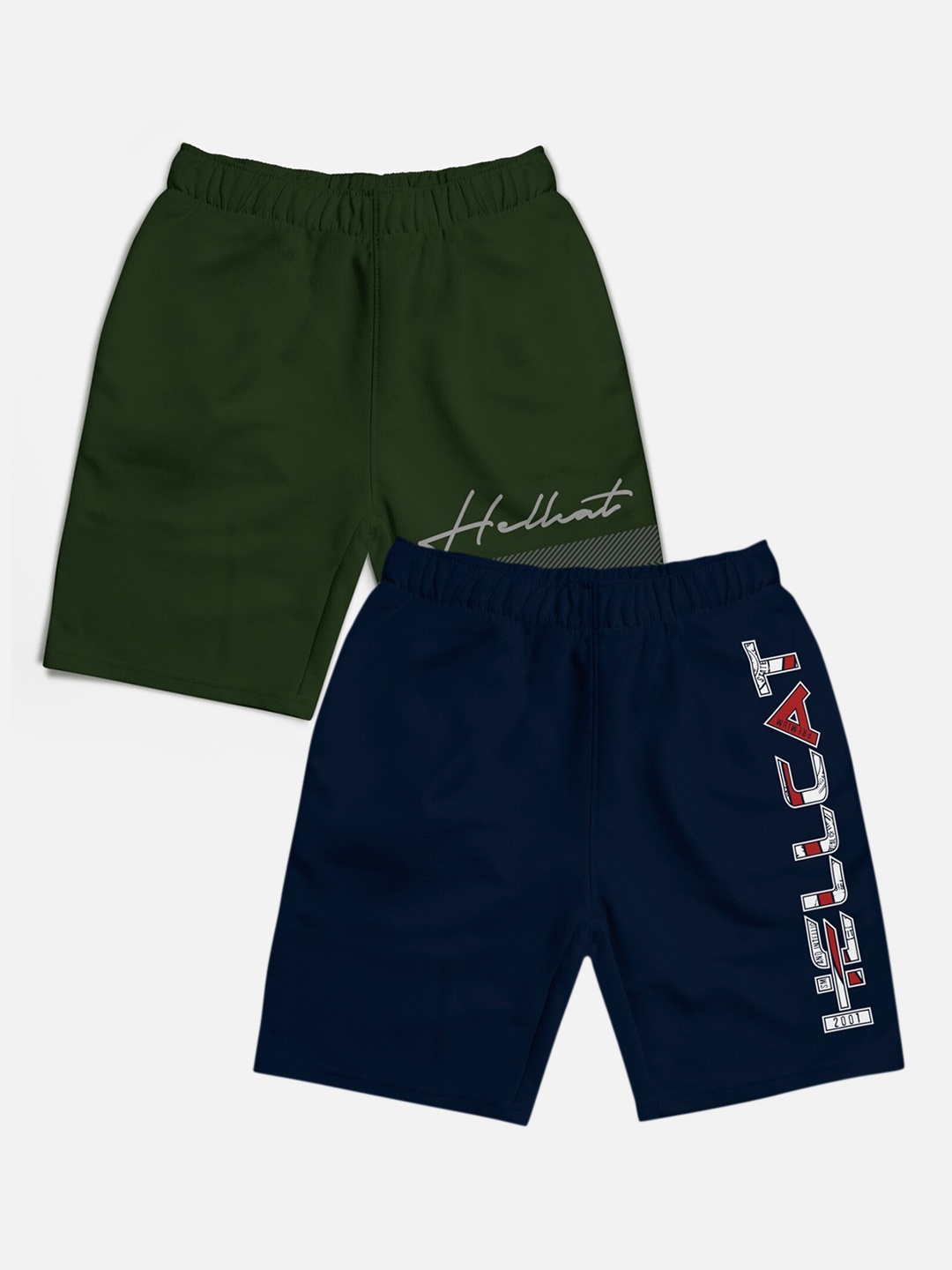 

HELLCAT Pack of 2 Boys Trendy Typographic Printed Mid Rise Shorts, Navy blue