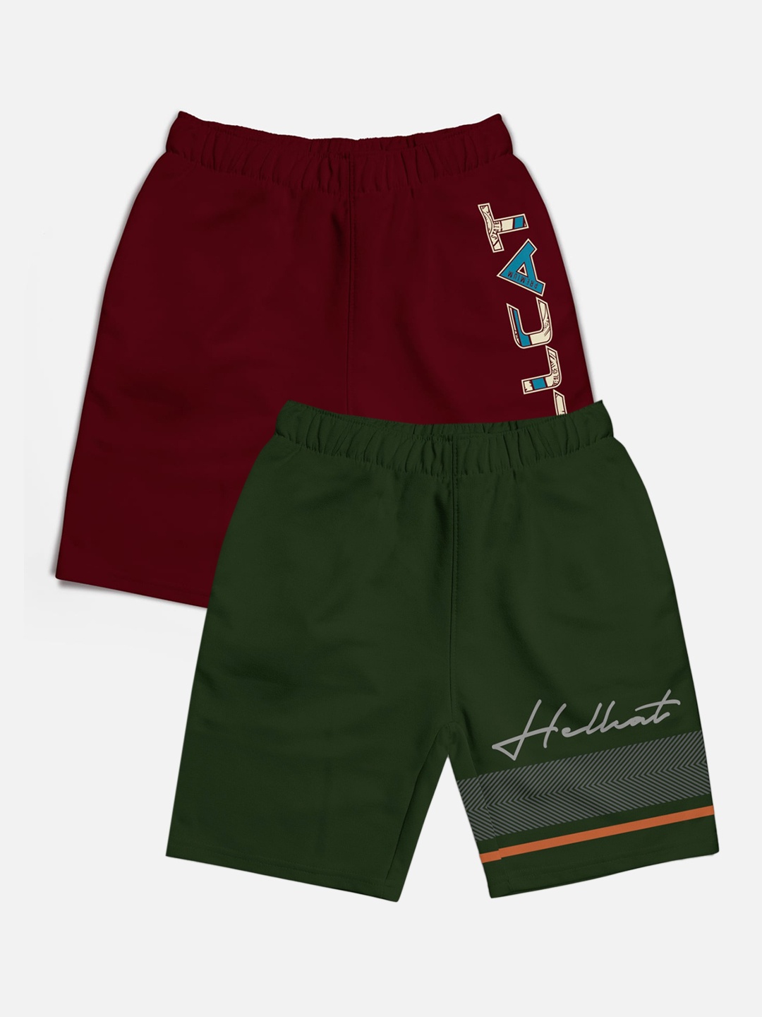 

HELLCAT Boys Pack Of 2 Typographic Printed Cotton Sports Shorts, Burgundy
