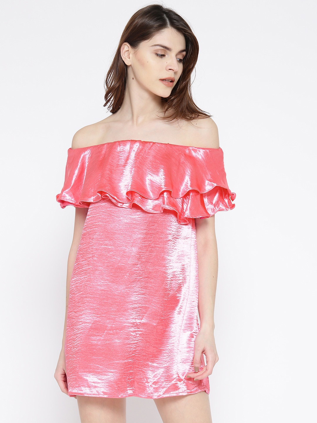 

FOREVER 21 Women Coral Pink Satin Finish Solid Bardot Shift Dress