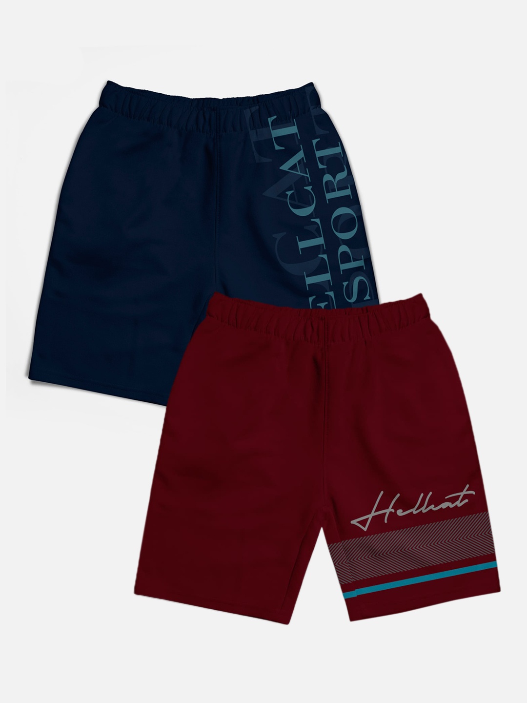 HELLCAT Pack of 2 Boys Trendy Typographic Printed Mid Rise Shorts, Navy blue