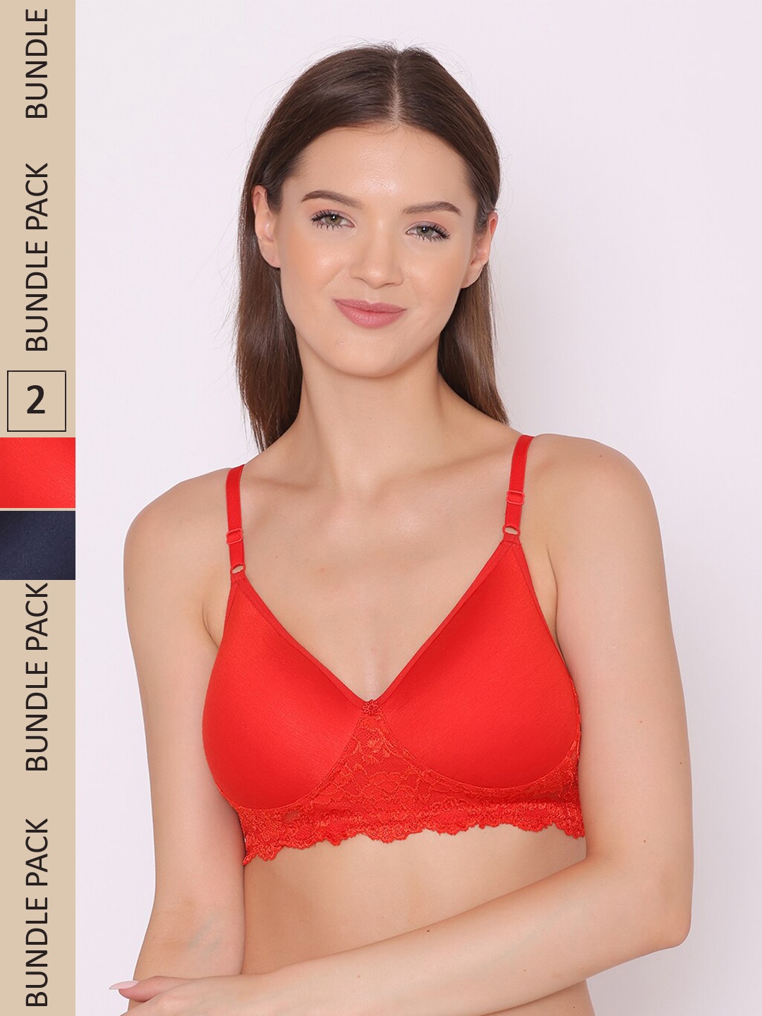 

ABELINO Pack of 2 Floral Lightly Padded Seamless Bra, Red