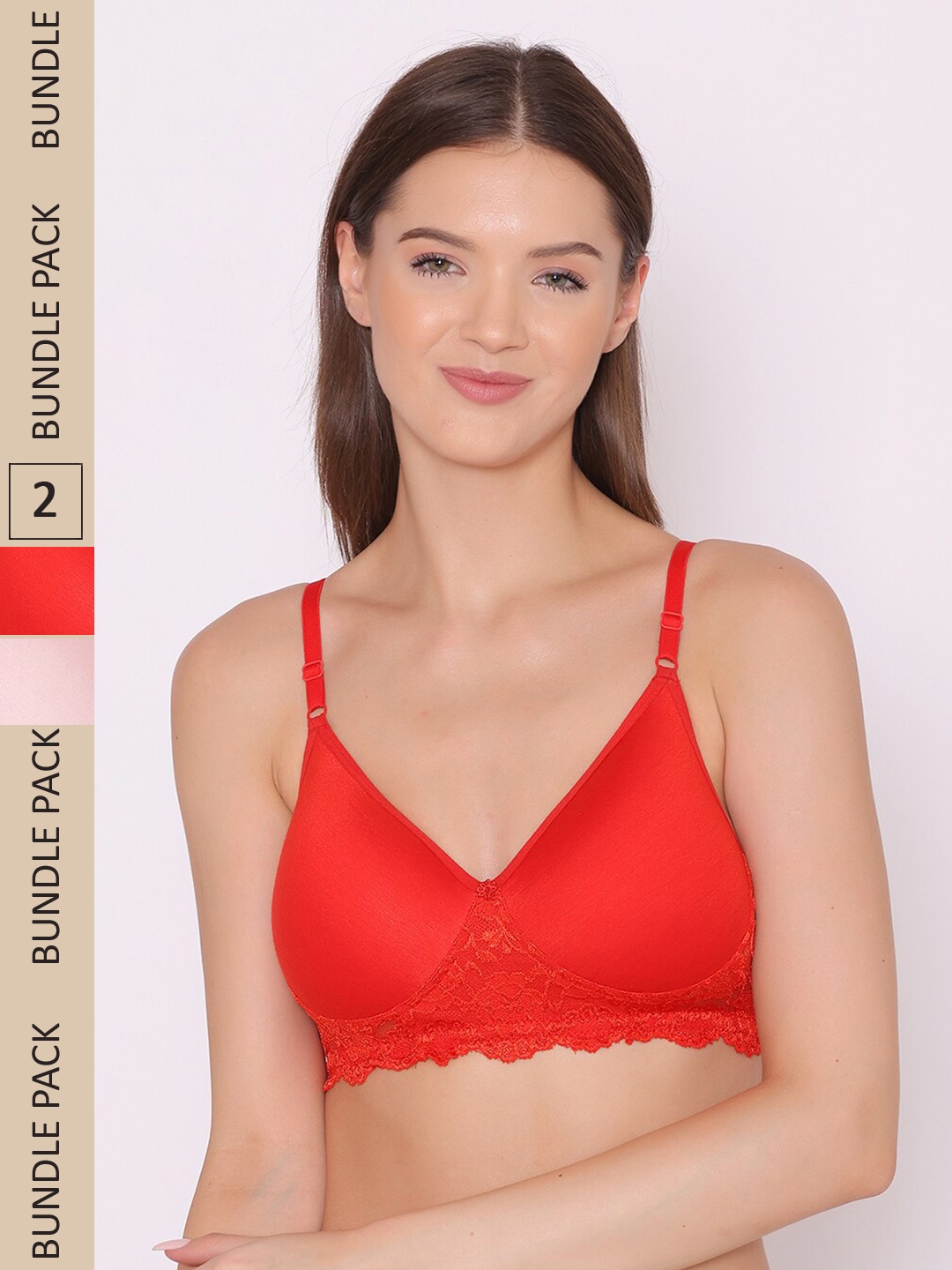 

ABELINO Pack Of 2 Lightly Padded Cotton Seamless Non-Wired Bra, Red