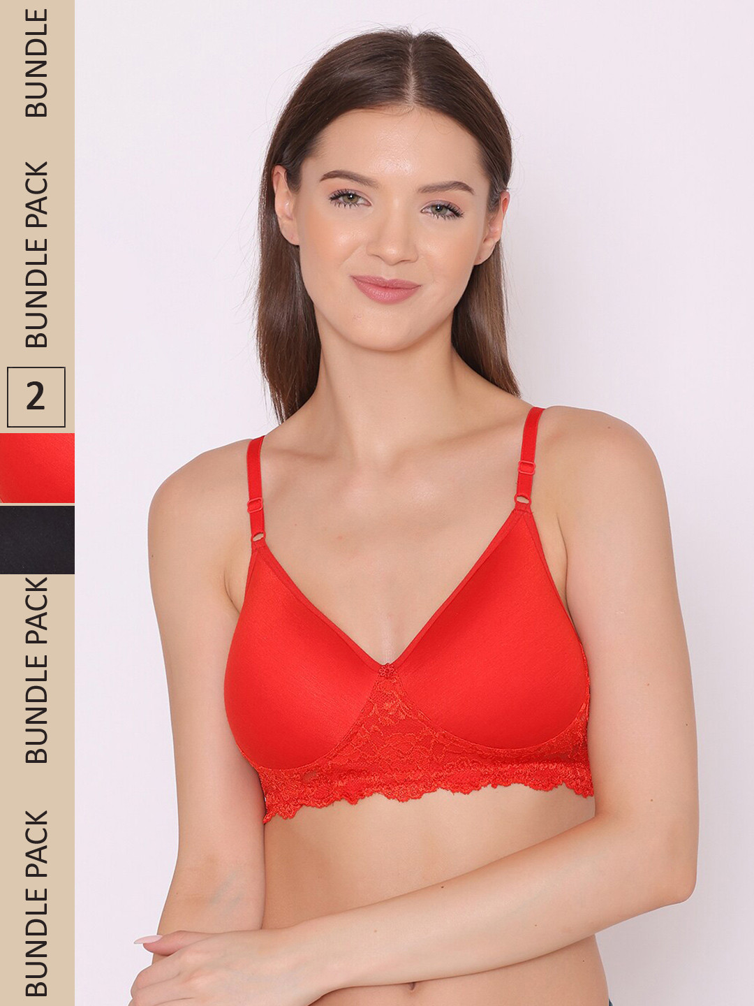 

ABELINO Pack Of 2 Lightly Padded Cotton Seamless Non-Wired Bra, Red