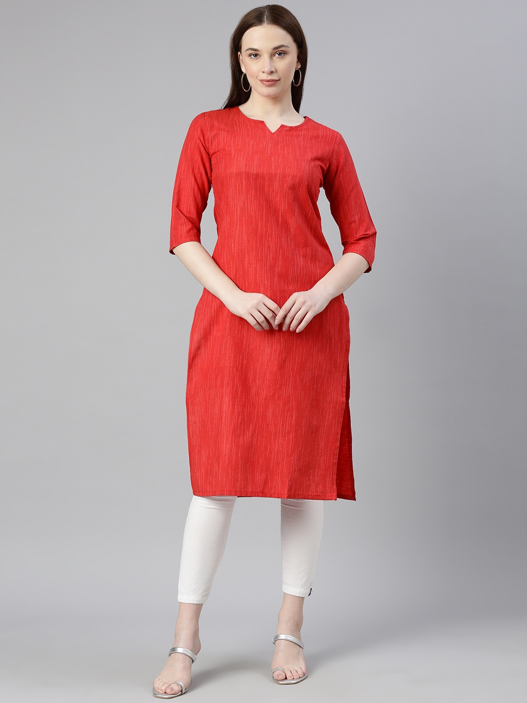 

HRITIKA Cotton Striped Round Neck Kurta, Red