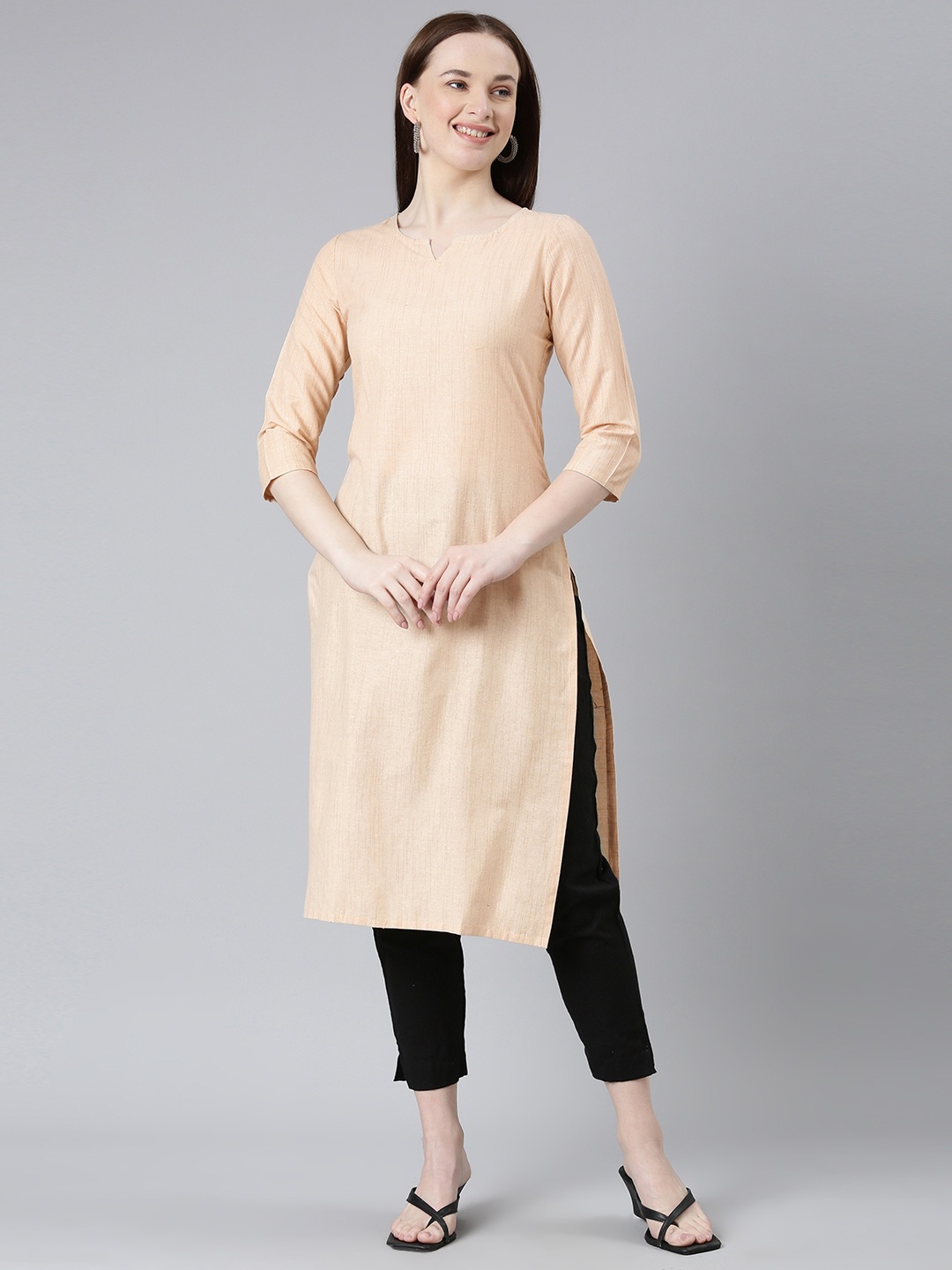 

HRITIKA Cotton Striped Round Neck Kurta, Beige