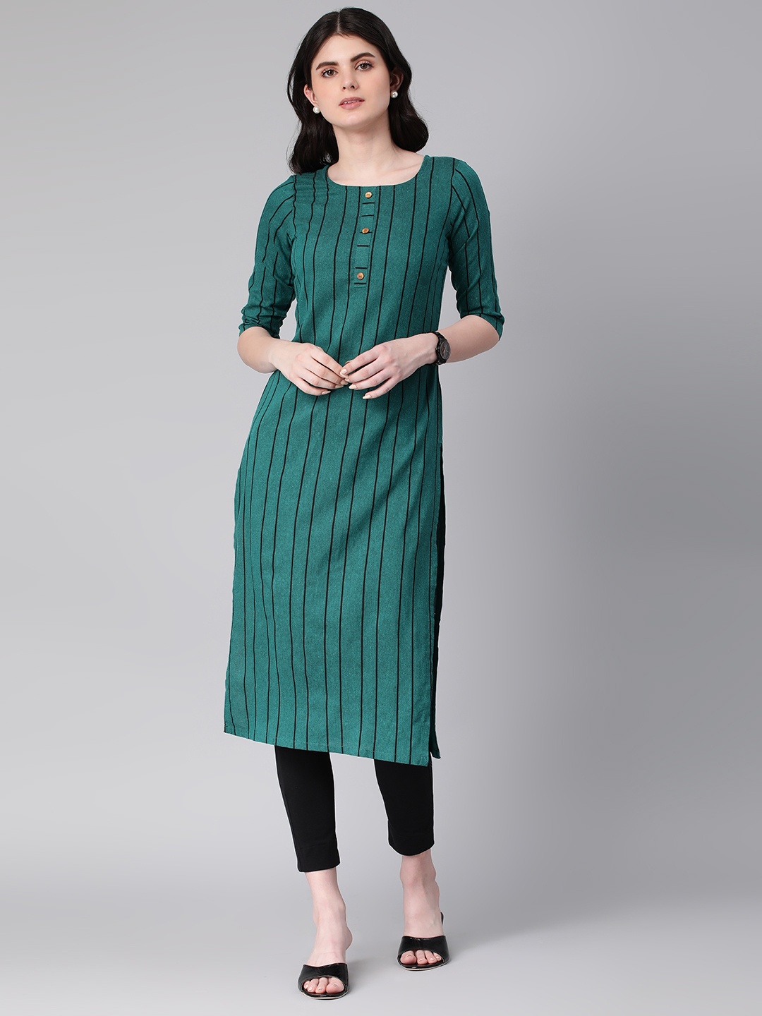 

HRITIKA Cotton Striped Round Neck Kurta, Green