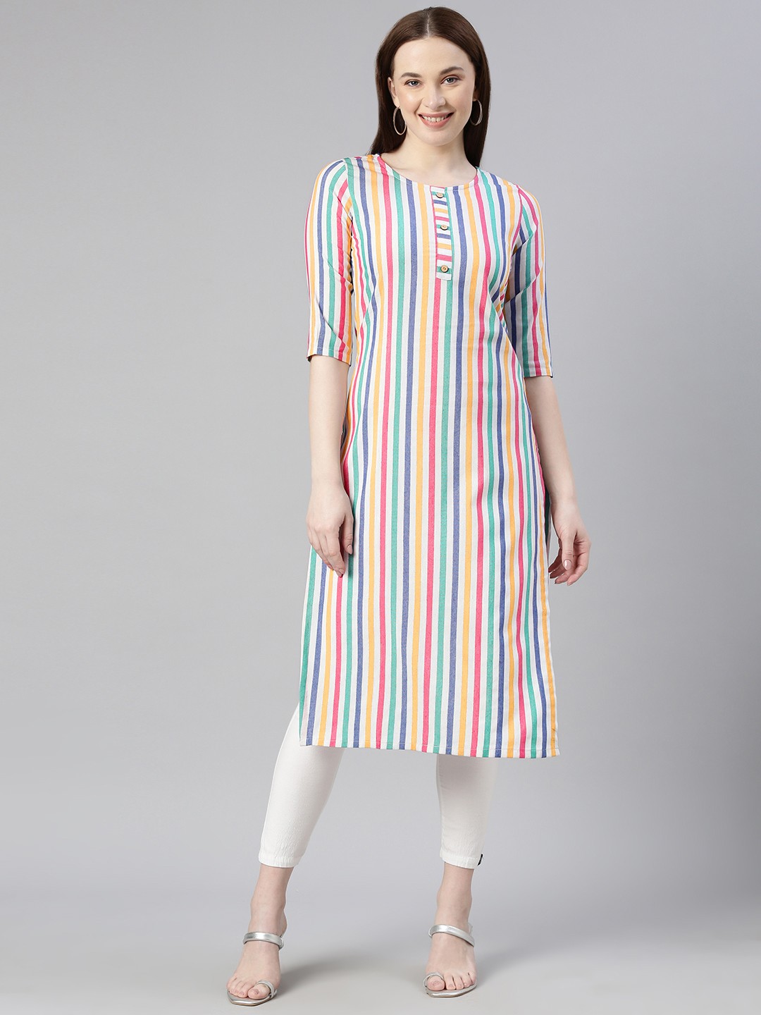 

HRITIKA Cotton Striped Round Neck Kurta, White