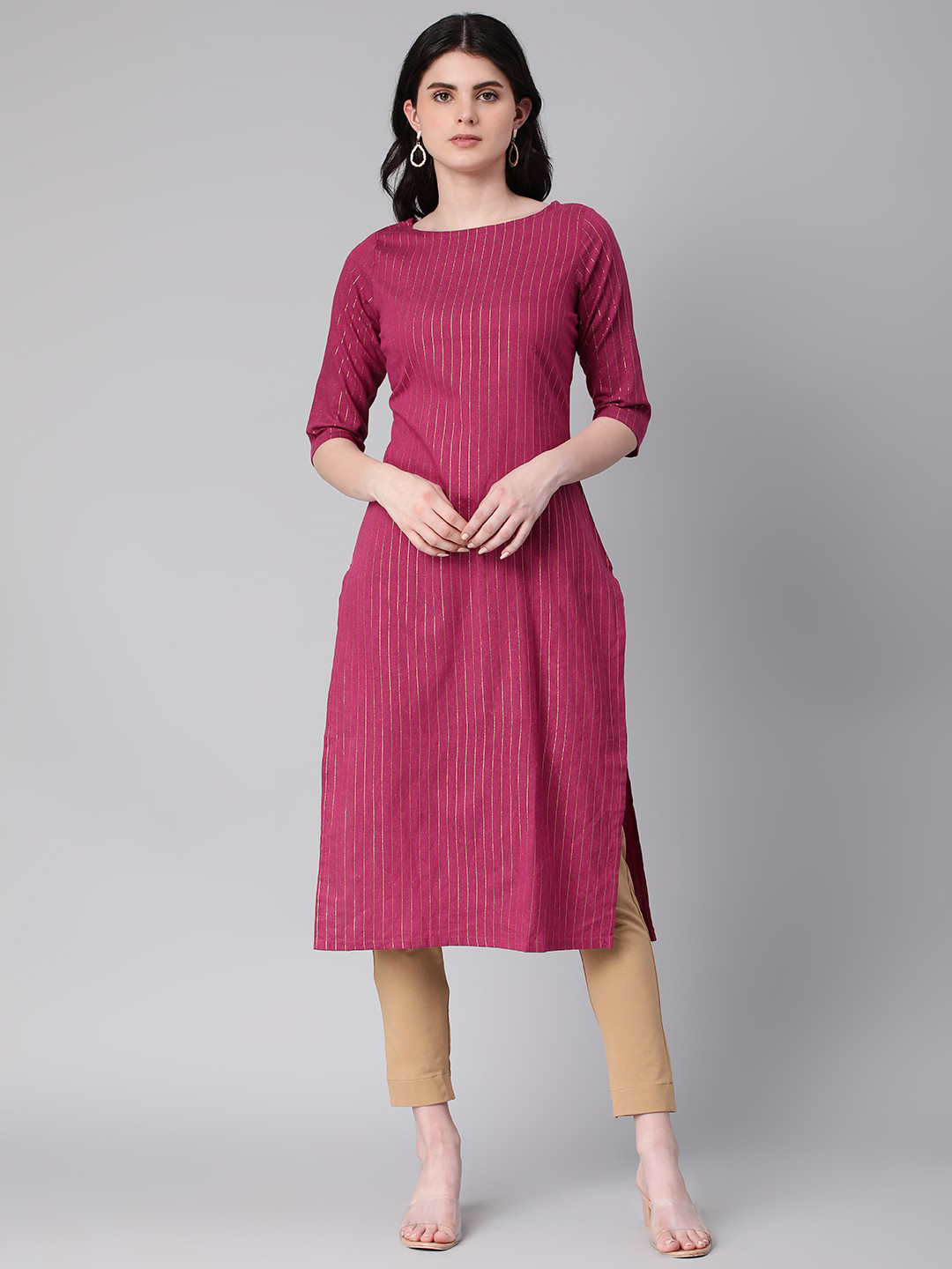 

HRITIKA Cotton Striped Boat Neck Kurta, Magenta