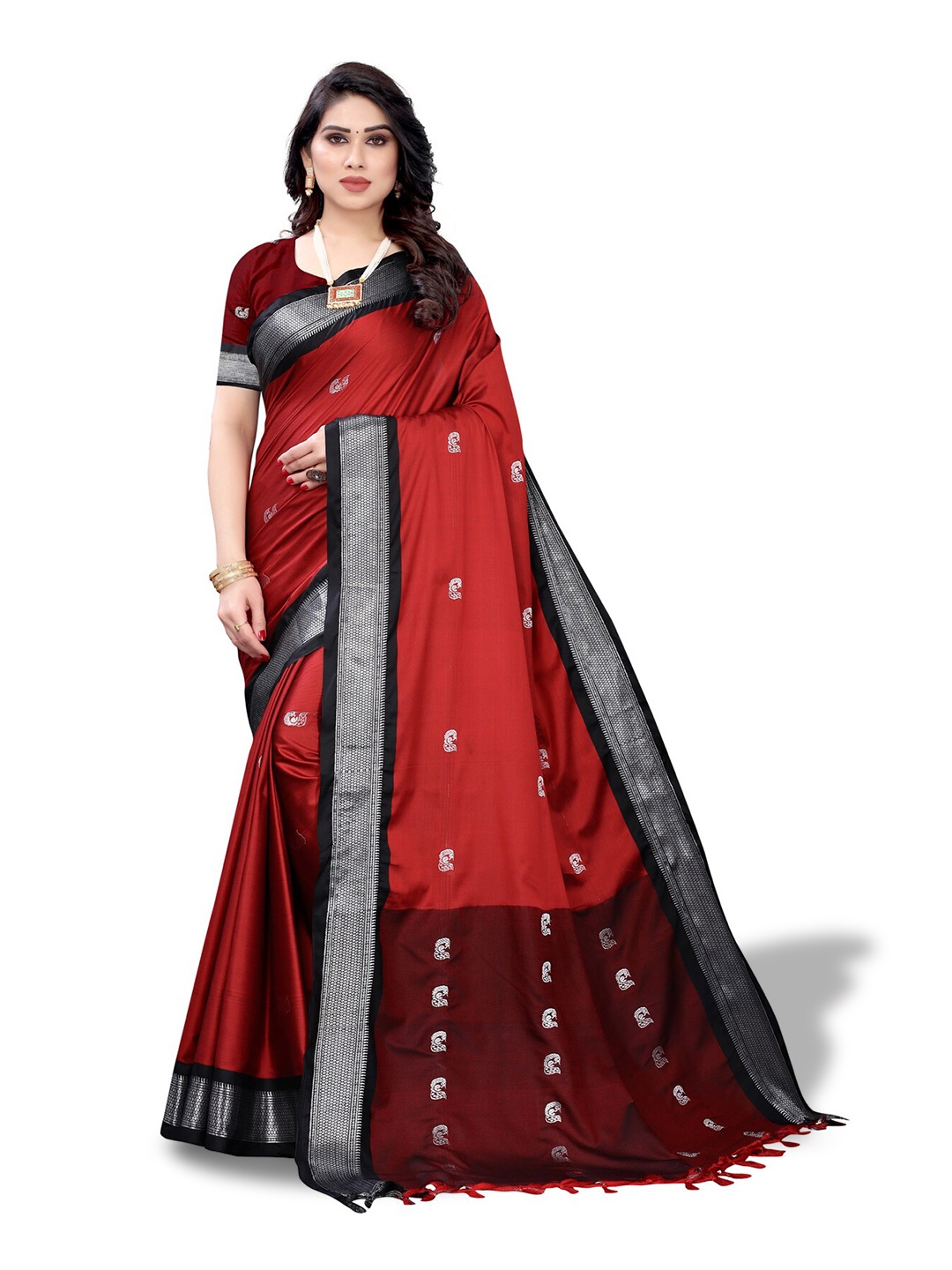 

AA-HA!! Ethnic Motifs Woven Design Zari Pure Silk Saree, Red