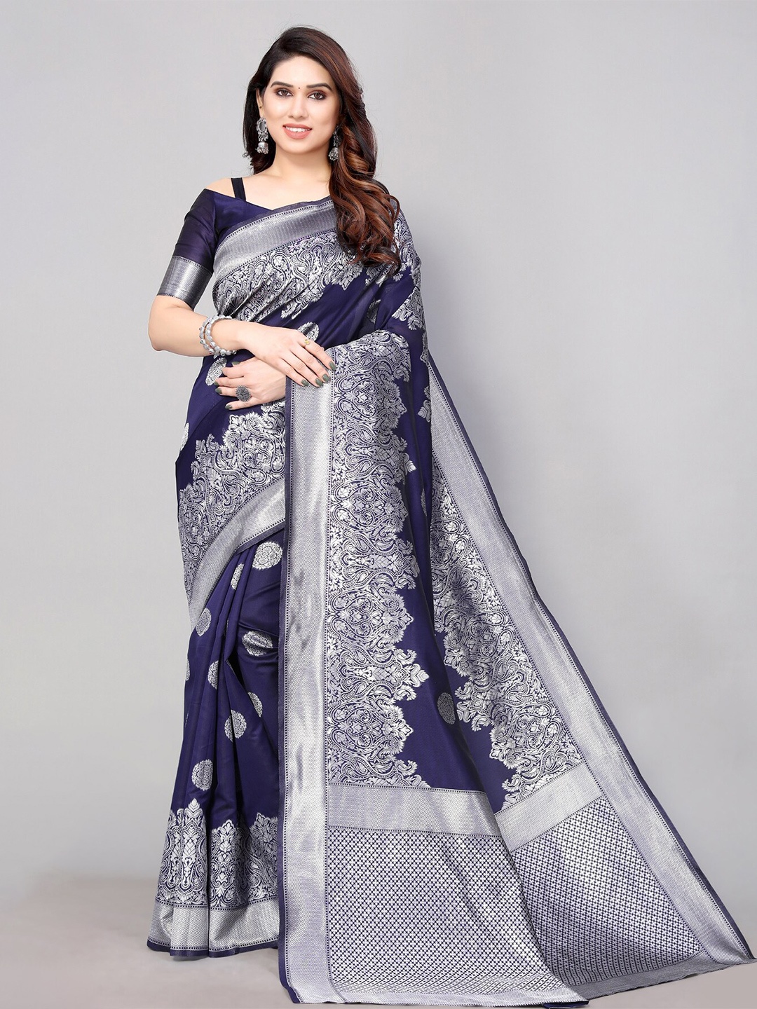 

AA-HA!! Ethnic Motifs Woven Design Zari Pure Silk Saree, Navy blue