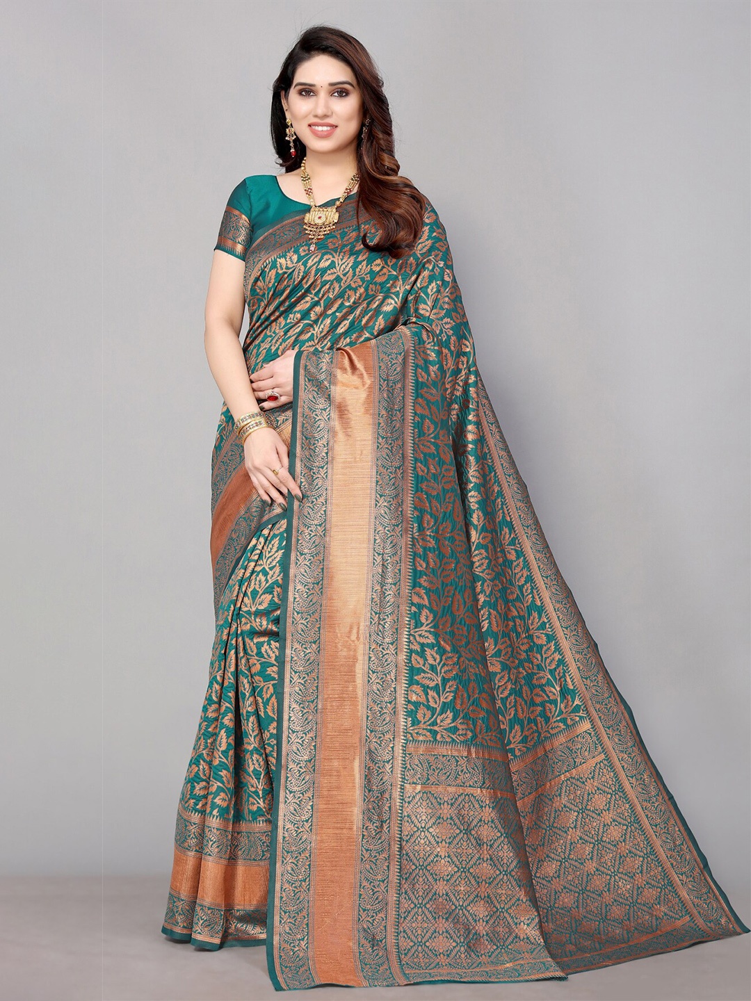 

AA-HA!! Ethnic Motifs Woven Design Zari Pure Silk Saree, Green