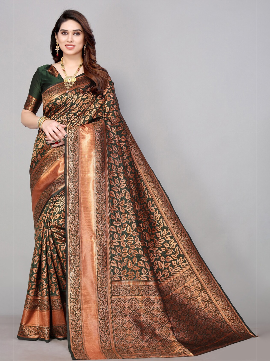 

AA-HA!! Ethnic Motifs Woven Design Zari Pure Silk Saree, Green