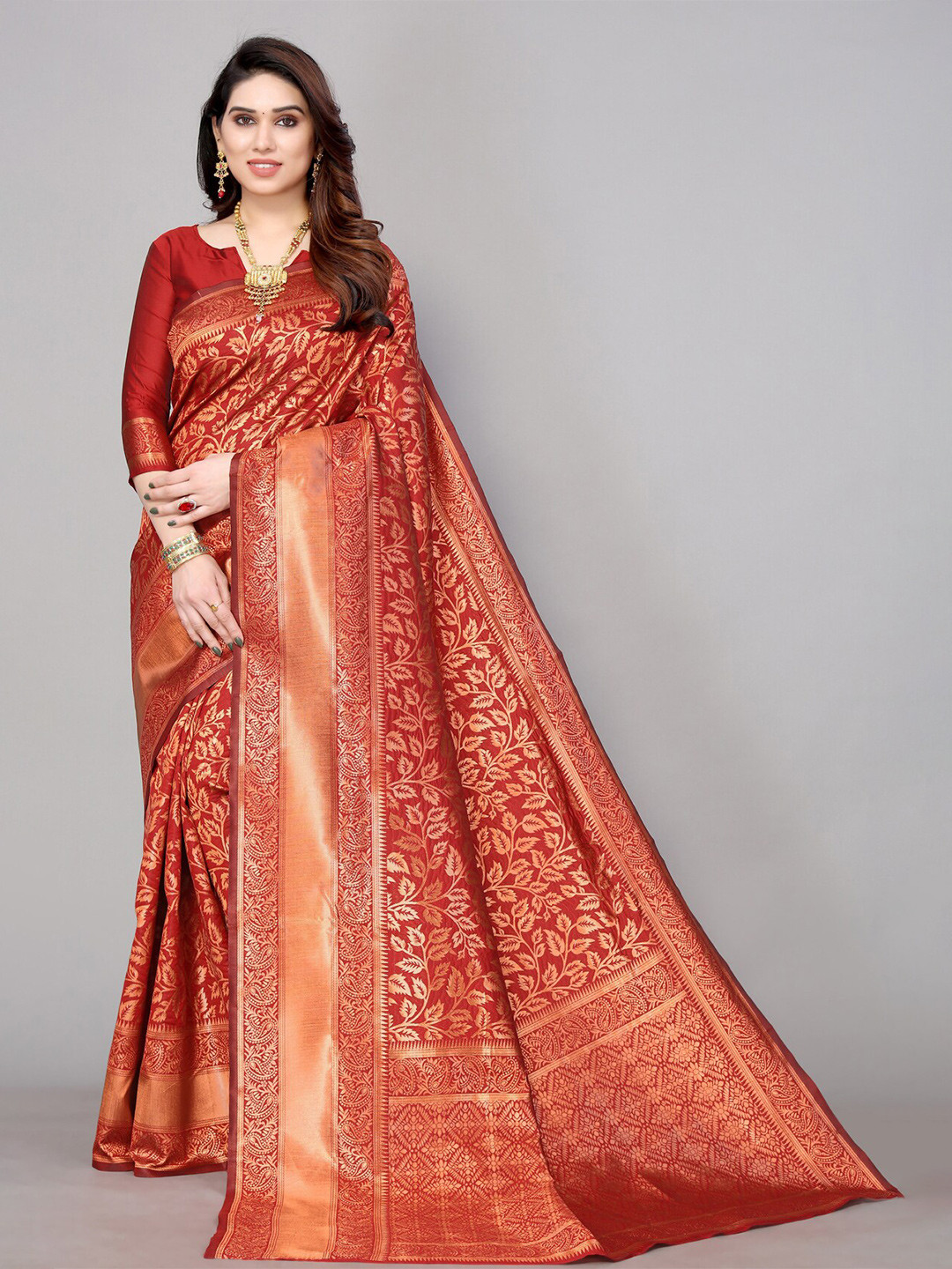 

AA-HA!! Ethnic Motifs Woven Design Zari Pure Silk Saree, Red