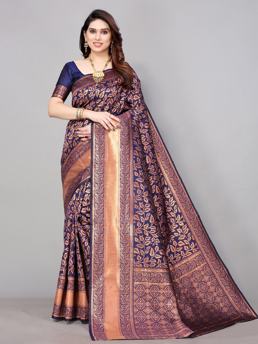

AA-HA!! Floral Woven Design Zari Pure Silk Saree, Navy blue