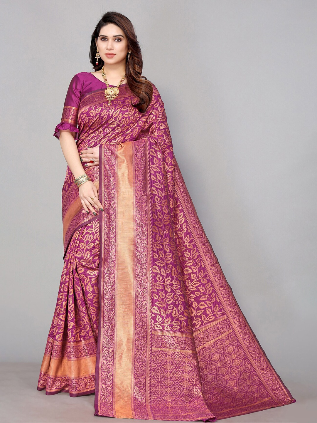 

AA-HA!! Floral Woven Design Zari Pure Silk Saree, Purple