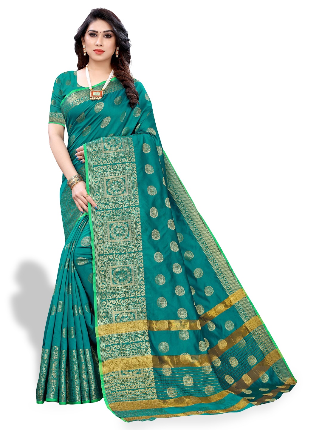 

AA-HA Green & Gold-Toned Woven Design Zari Pure Silk Saree