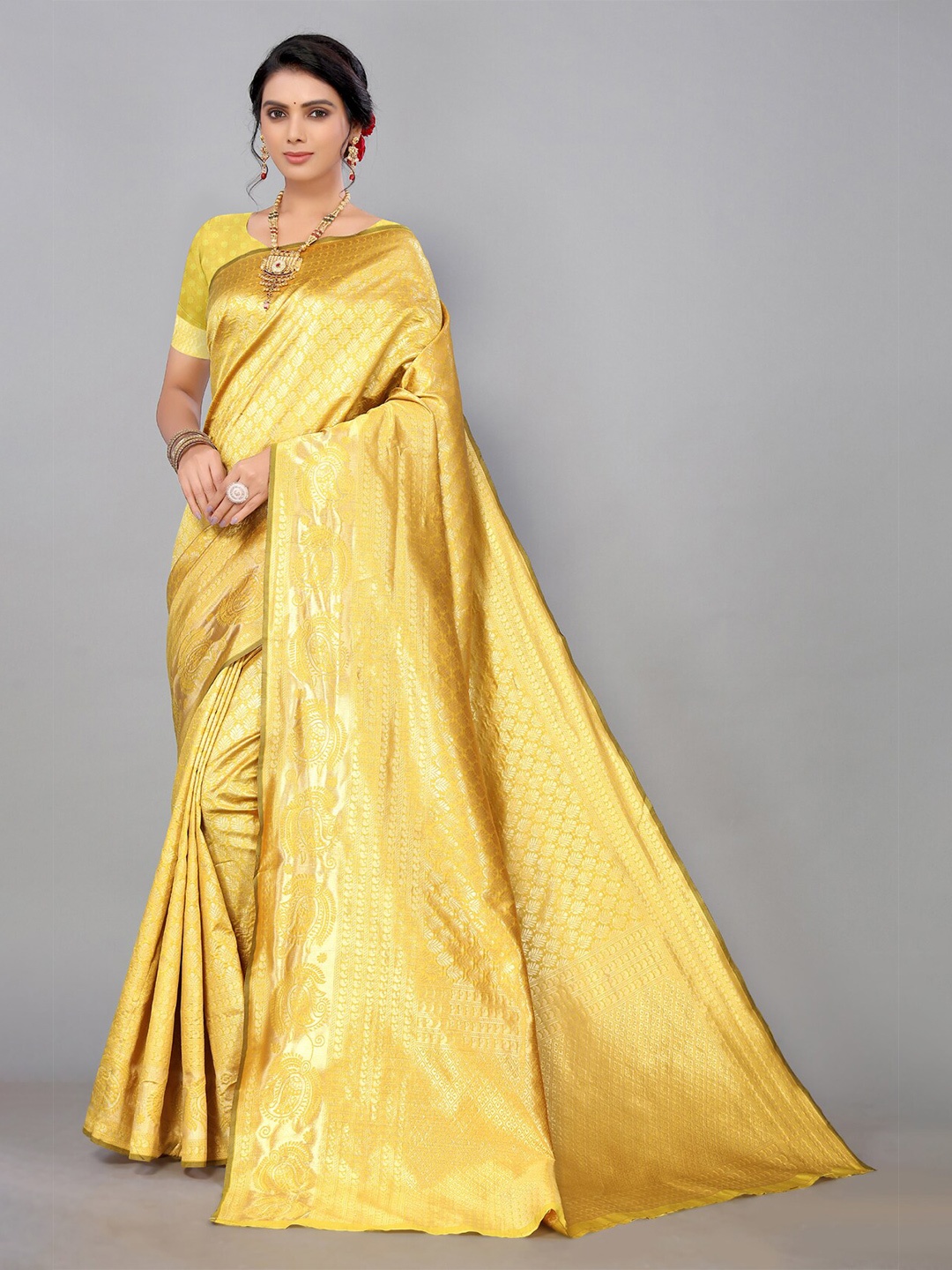 

AA-HA Ethinic Motifs Woven Design Zari Pure Silk Saree, Yellow