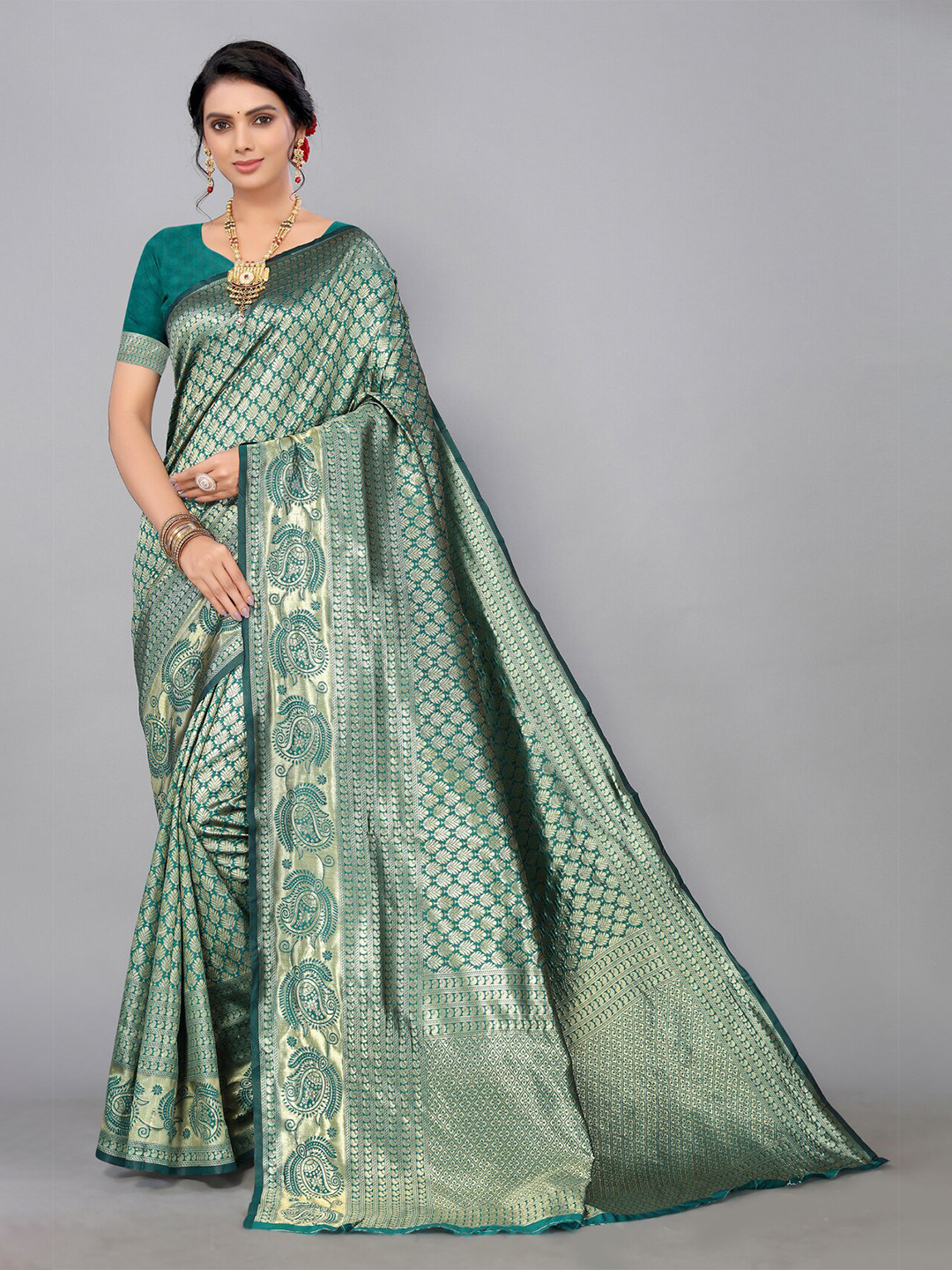 

AA-HA!! Ethnic Motifs Woven Design Zari Pure Silk Saree, Green
