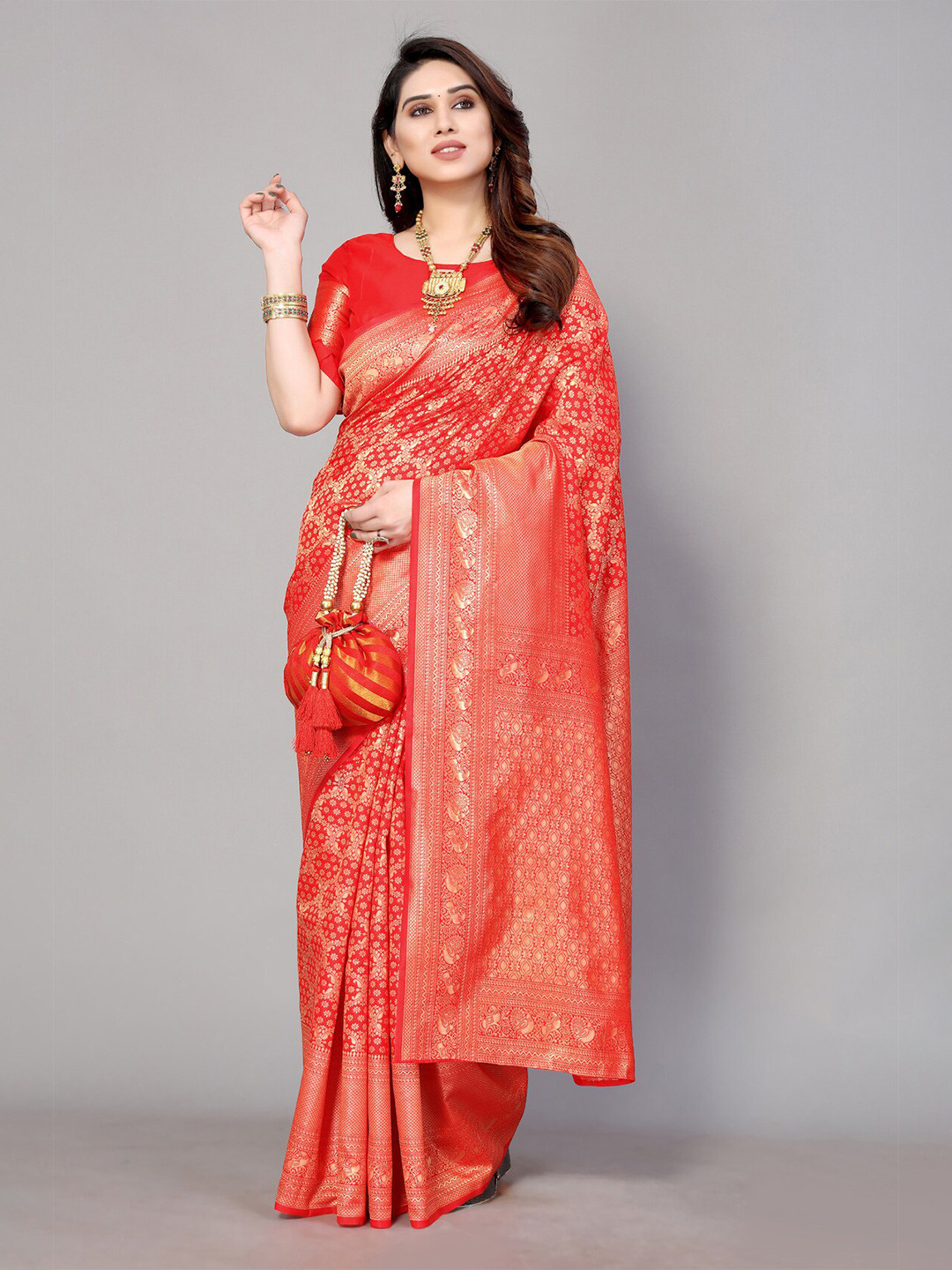 

AA-HA!! Floral Woven Design Zari Pure Silk Saree, Red