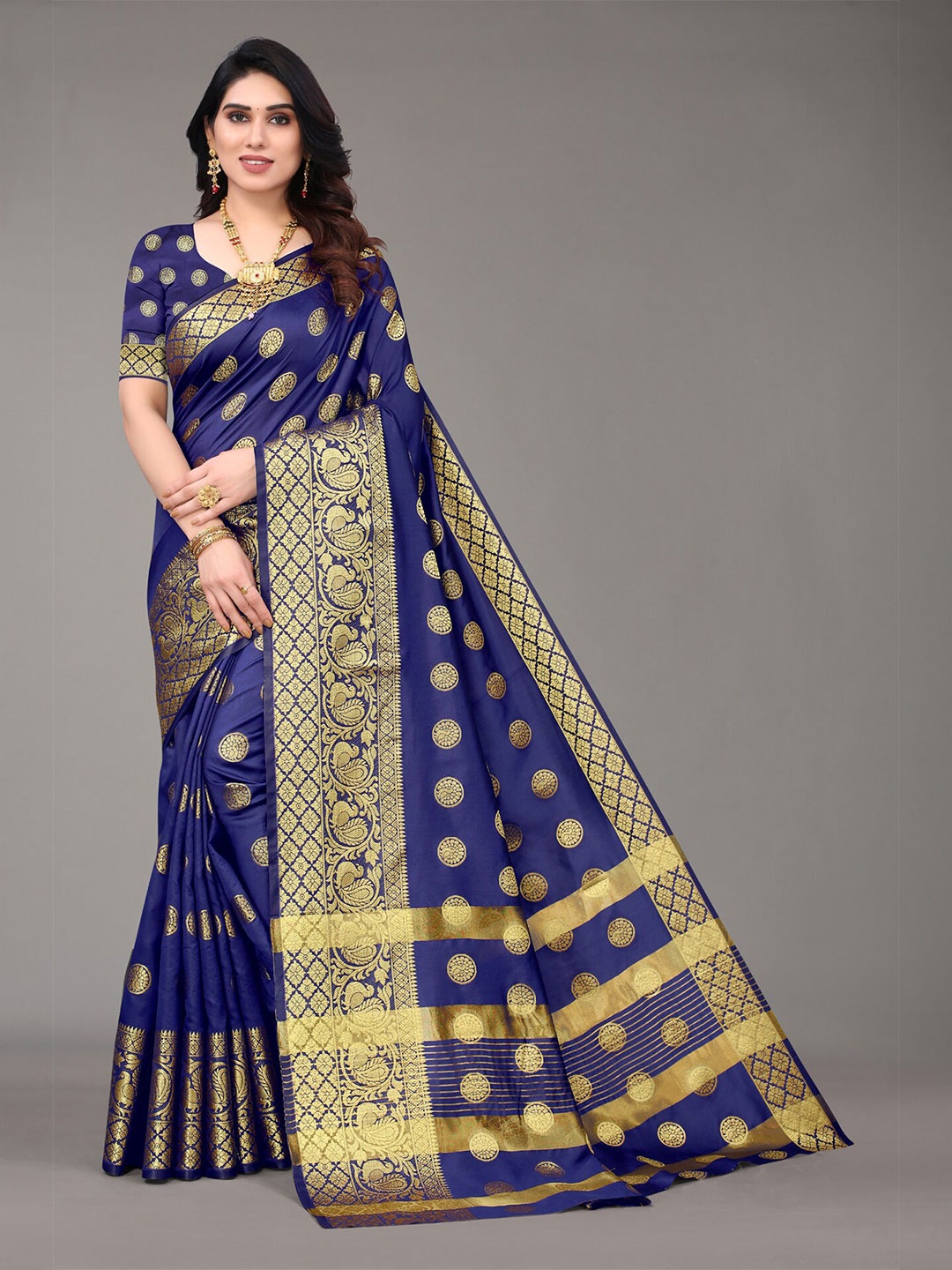 

AA-HA!! Ethinic Motifs Woven Design Zari Pure Silk Saree, Navy blue