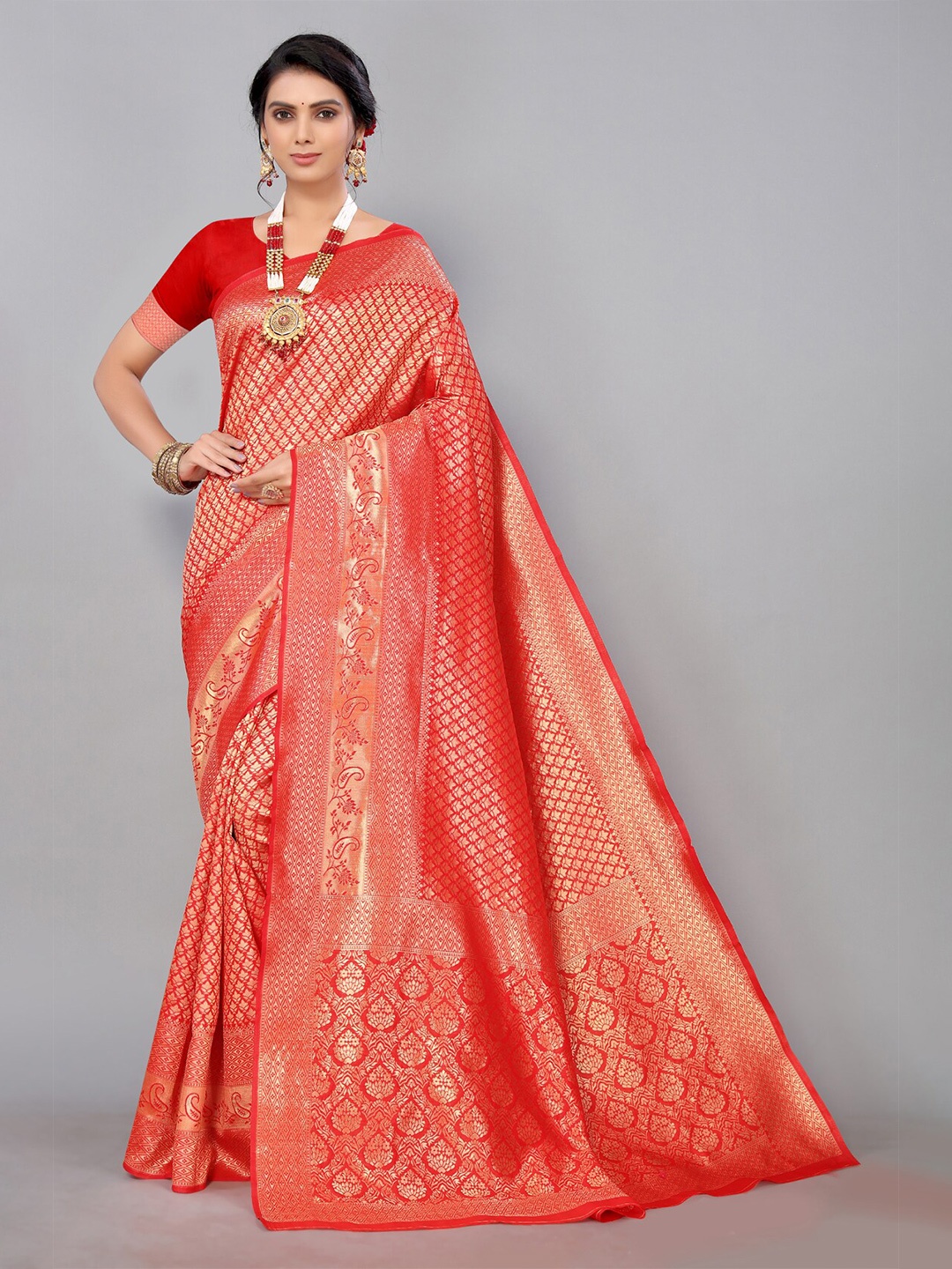 

AA-HA!! Ethinic Motifs Woven Design Zari Pure Silk Saree, Red