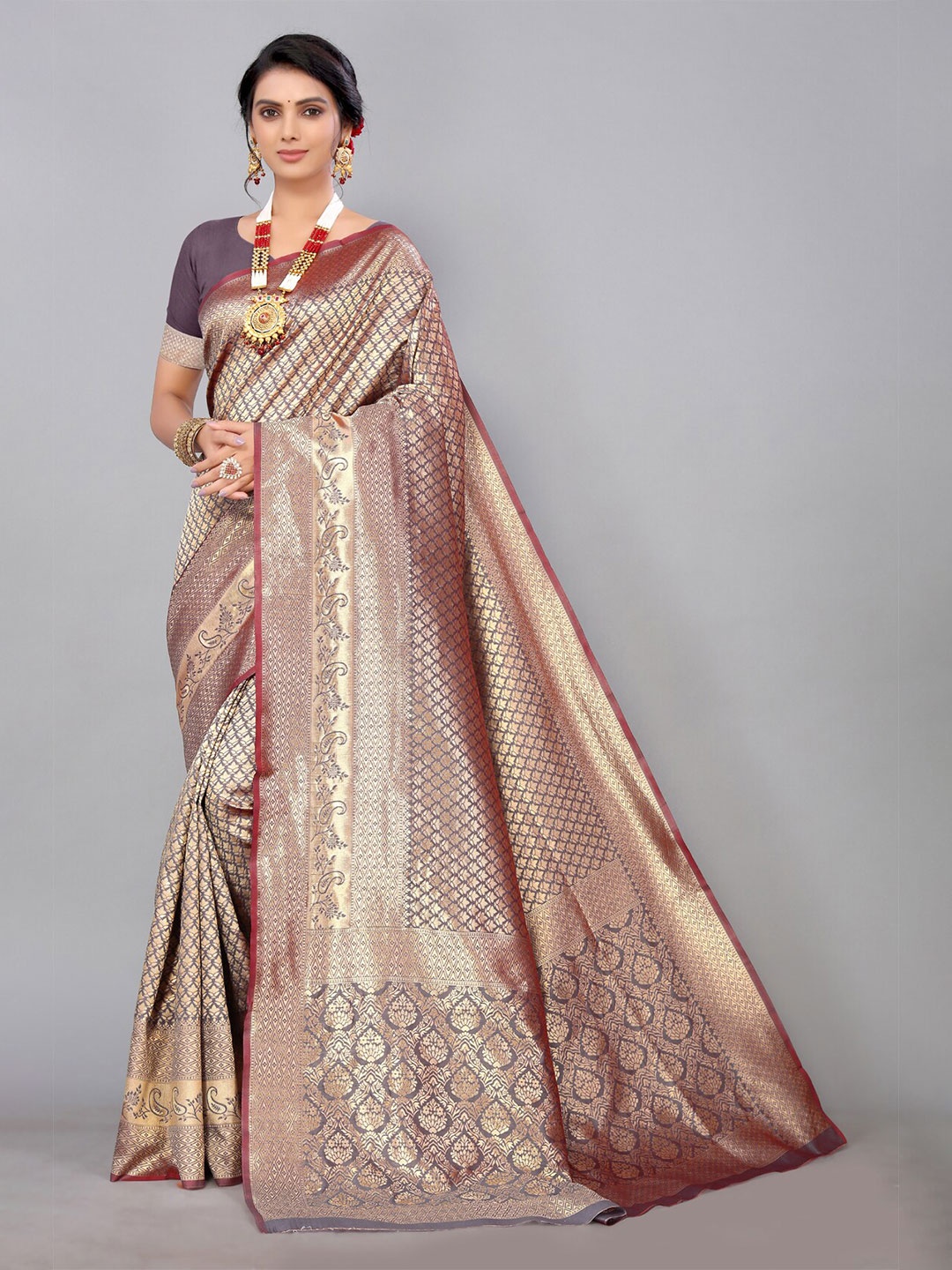 

AA-HA Ethinic Motifs Woven Design Zari Pure Silk Saree, Grey