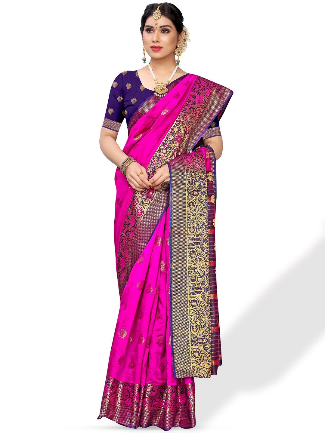

AA-HA Ethinic Motifs Woven Design Zari Pure Silk Saree, Pink