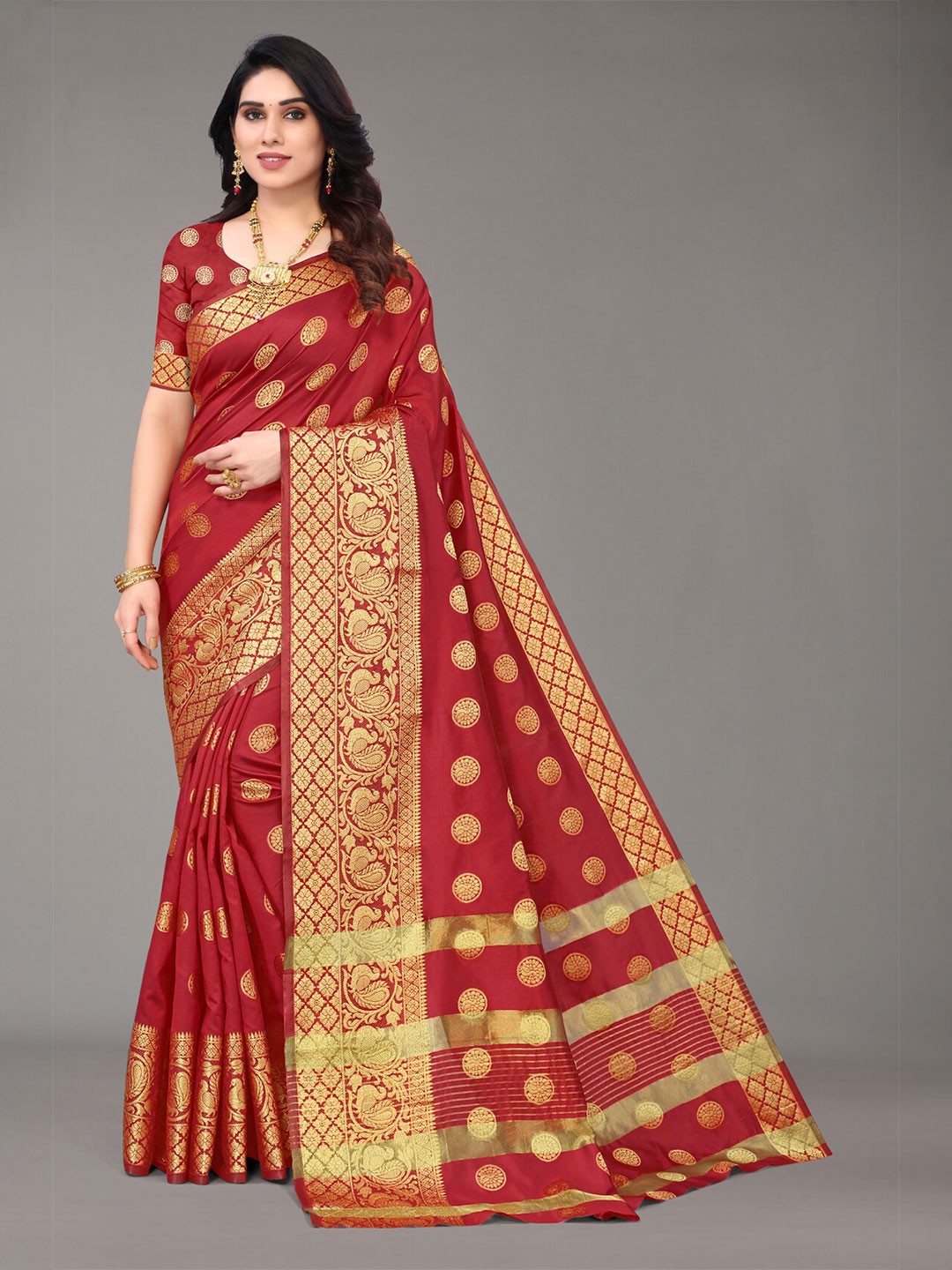 

AA-HA!! Ethinic Motifs Woven Design Zari Pure Silk Saree, Red