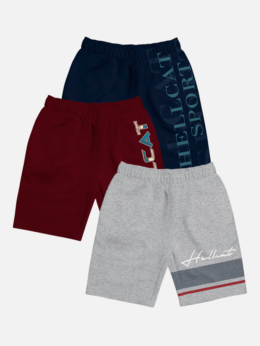 

HELLCAT Boys Pack Of 3 Typography Printed Shorts, Grey melange