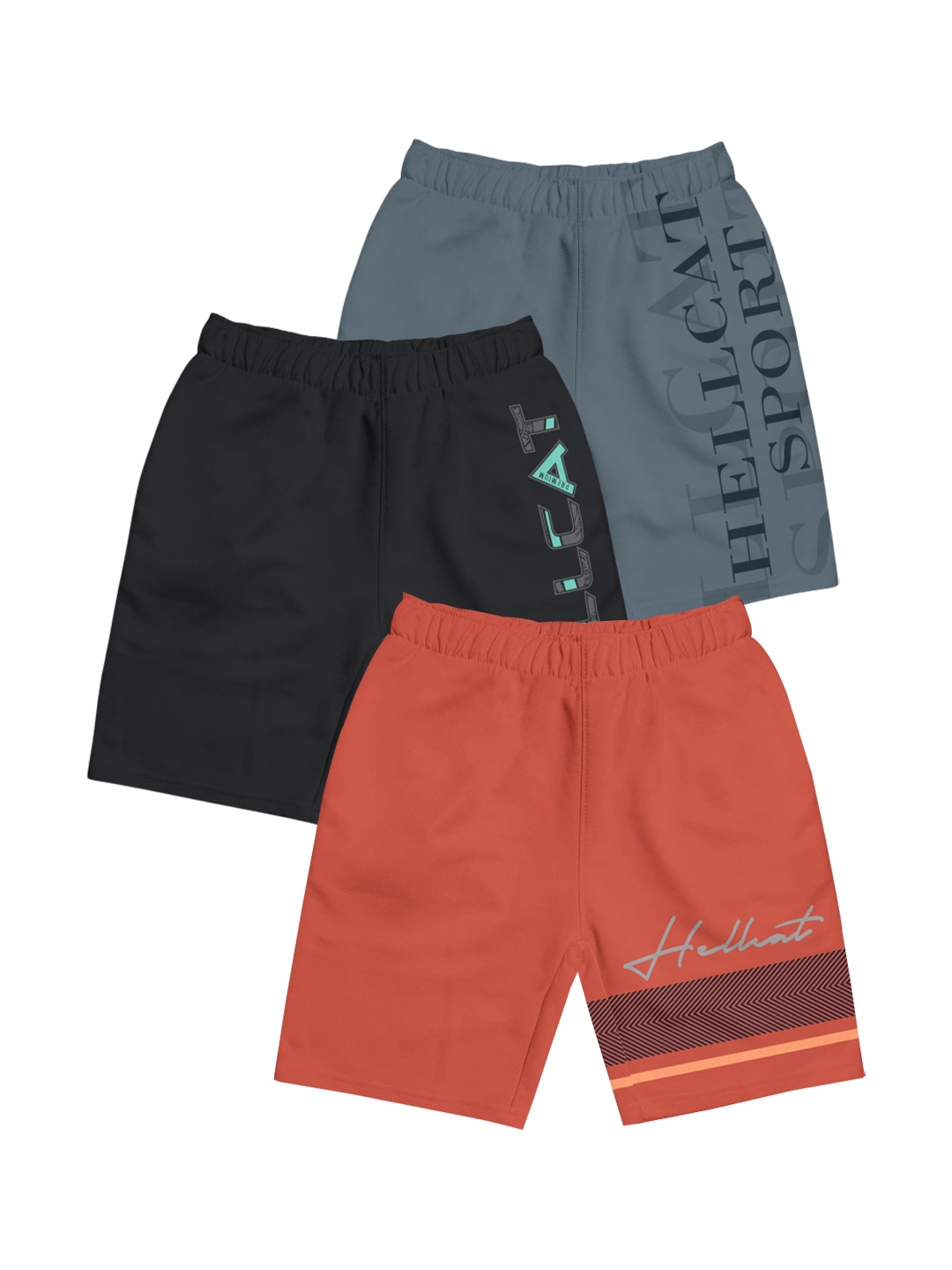 HELLCAT Boys Pack of 3 Typography Printed Cotton Sports Shorts, Grey