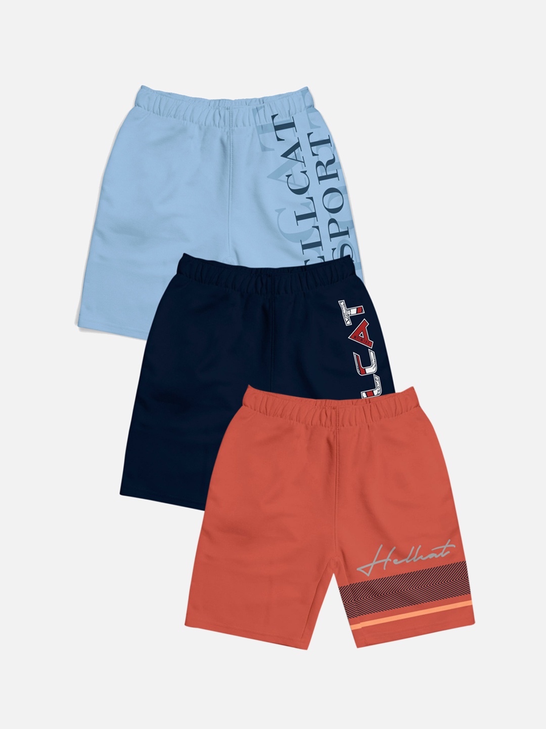 

HELLCAT Boys Pack of 3 Trendy Typographic Printed Cotton Sports Shorts, Orange