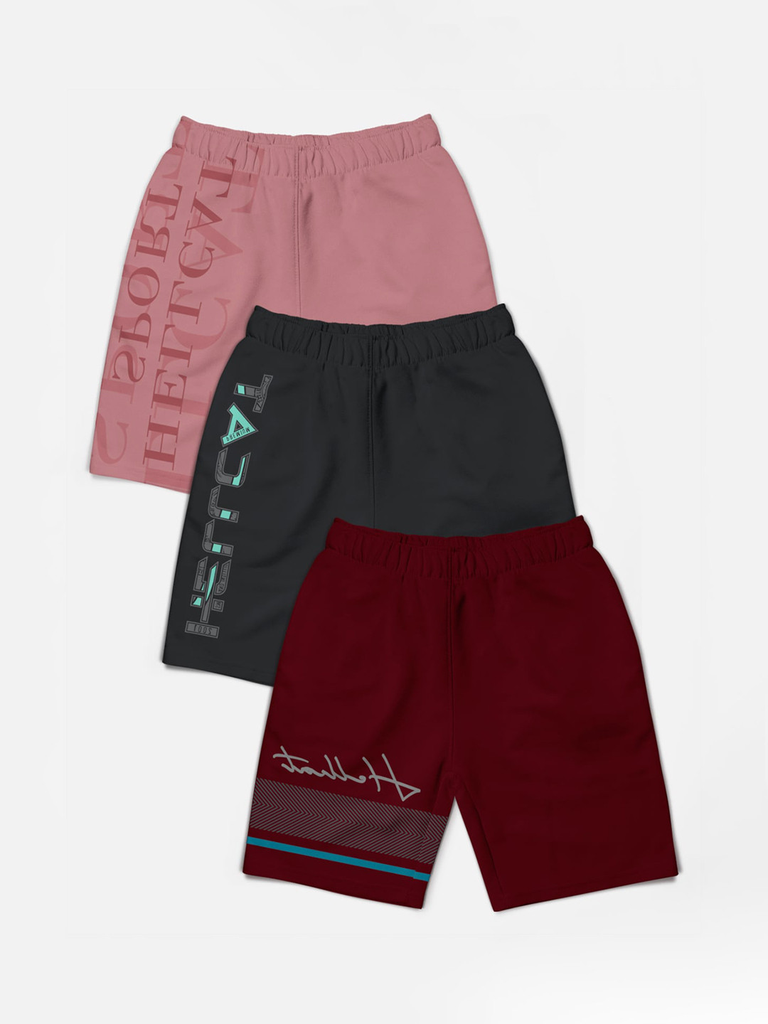

HELLCAT Boys Pack of 3 Trendy Typographic Printed Cotton Sports Shorts, Burgundy