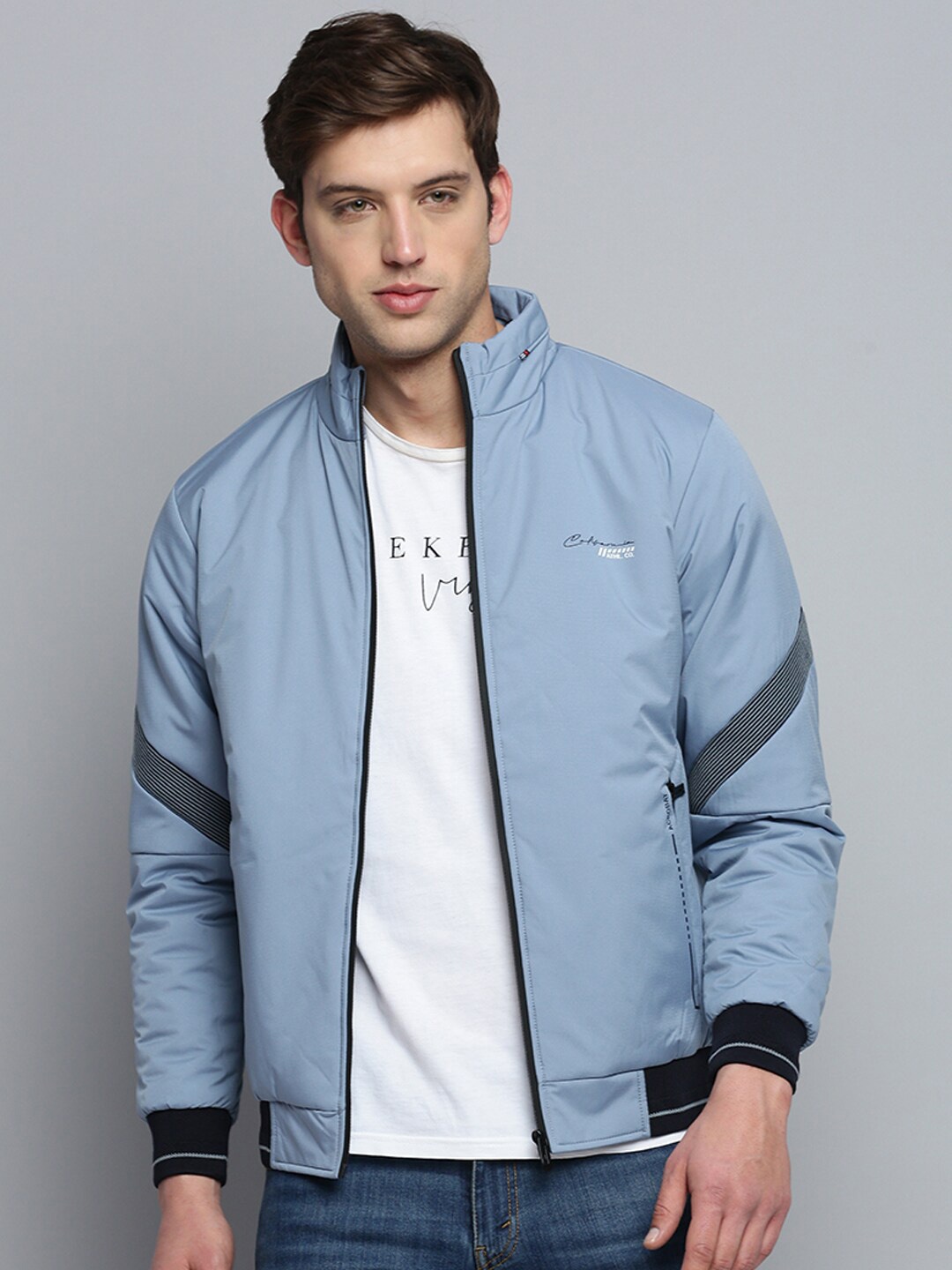 

SHOWOFF Stand Collar Water Resistant Bomber Jacket, Blue