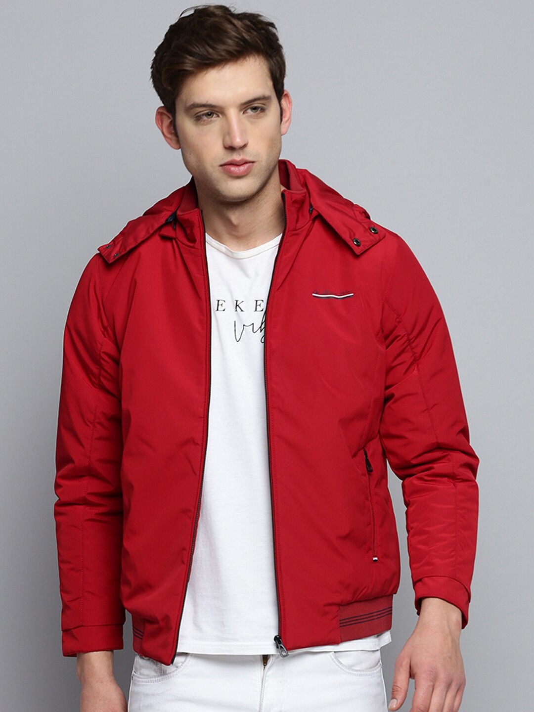 

SHOWOFF Hooded Water Resistant Bomber Jacket, Red